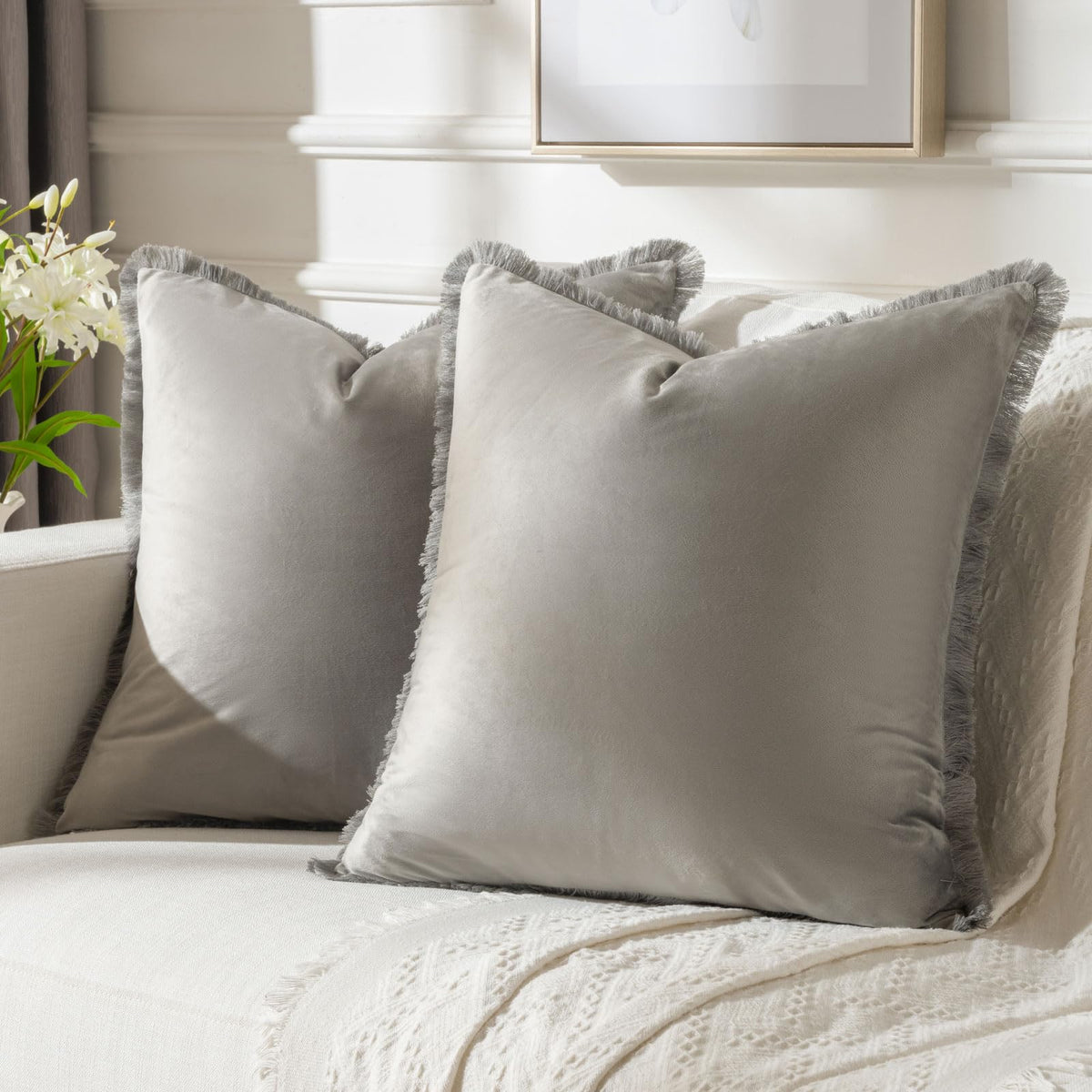 FUTEI Grey Boho Throw Pillow Covers with Tassels 24x24 Inch Set of 2,Soft Velvet Decorative Euro Pillow Shams,Home Decor for Cou