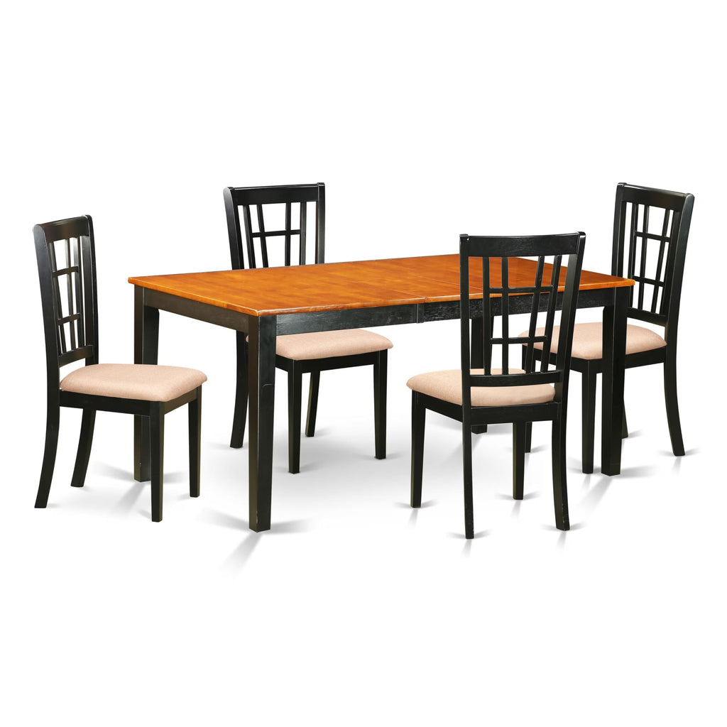 East West Furniture NICO5-BLK-C 5 Piece Kitchen Table Set for 4 Includes a Rectangle Dining Table with Butterfly Leaf and 4 Linen Fabric Dining Room Chairs, 36x66 Inch, Black & Cherry