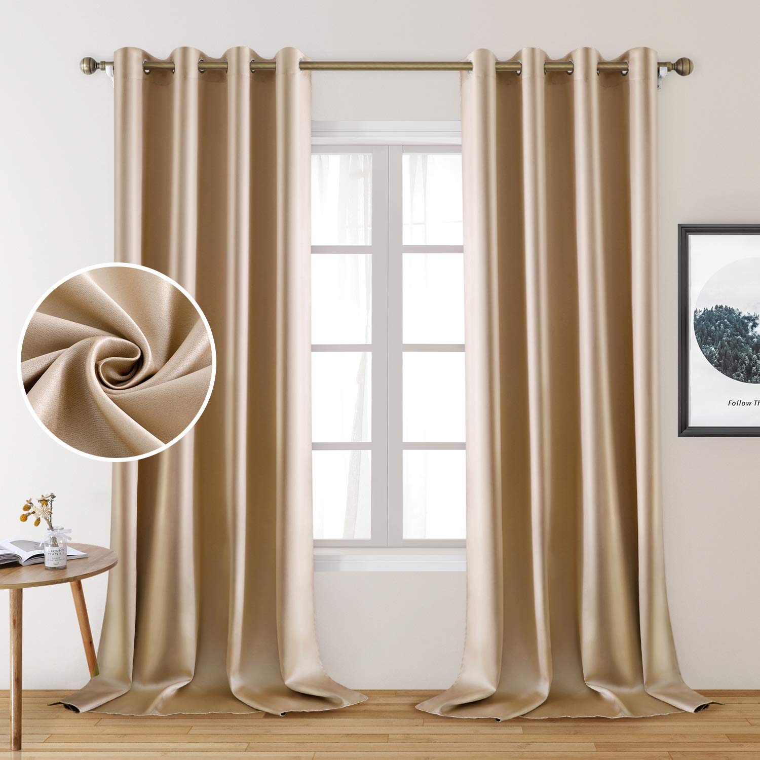 HOMEIDEAS 2 Panels Beige Faux Silk Curtains Champagne Gold Blackout Curtains for Bedroom 52 X 108 Inch Room Darkening Satin Drap