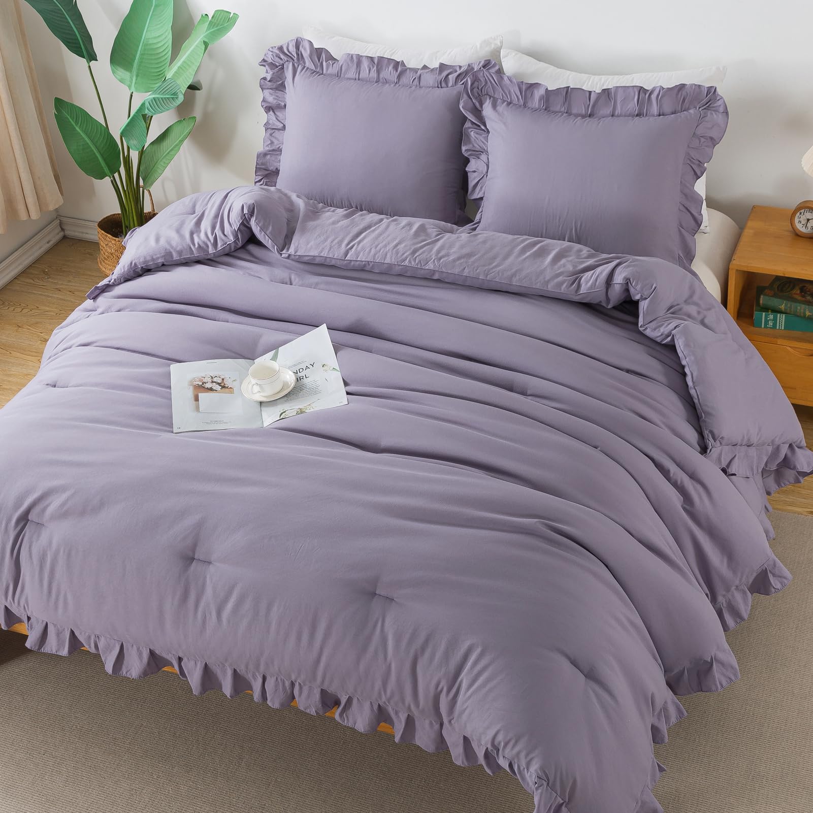 Andency Grayish Lavender Purple King Comforter Set, 3 Pieces Solid Ruffle Bedding Set & Collections, Lightweight Fluffy Soft Microfiber All Season Shabby Chic Bedding Set