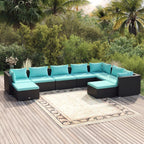 vidaXL 9-Piece Outdoor Lounge Set in Black Poly Rattan with Water-Blue Cushions: Comfortable, Weather-Resistant Furniture with Modular Design for Patio or Garden Use