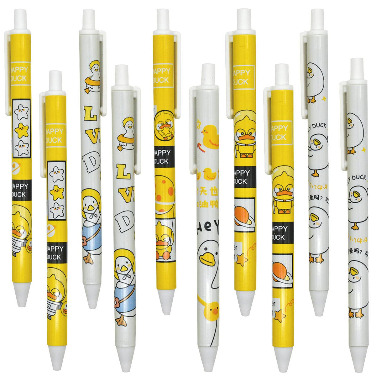 Lopenle 42Pcs Kawaii Duck Pens Happy Duck Writing Pens Cartoon Retractable Gel Pens Black Ink For School Supplies Office Party B