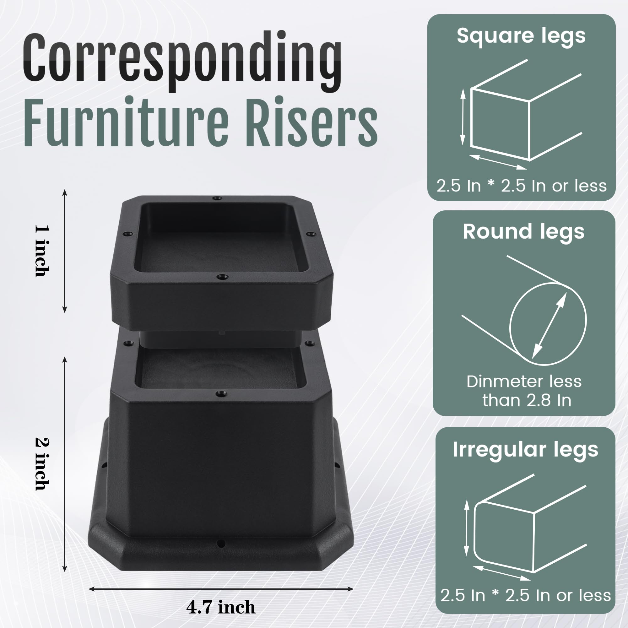 Btsd-Home Adjustable Bed Risers 2,3 Or 4 Inch Heavy Duty 8 Pack Furniture Risers Dorm Bed Risers Table Desks Legs Blocks Black