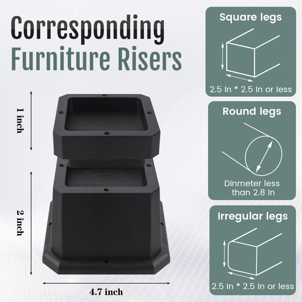 Btsd-Home Adjustable Bed Risers 2,3 Or 4 Inch Heavy Duty 8 Pack Furniture Risers Dorm Bed Risers Table Desks Legs Blocks Black