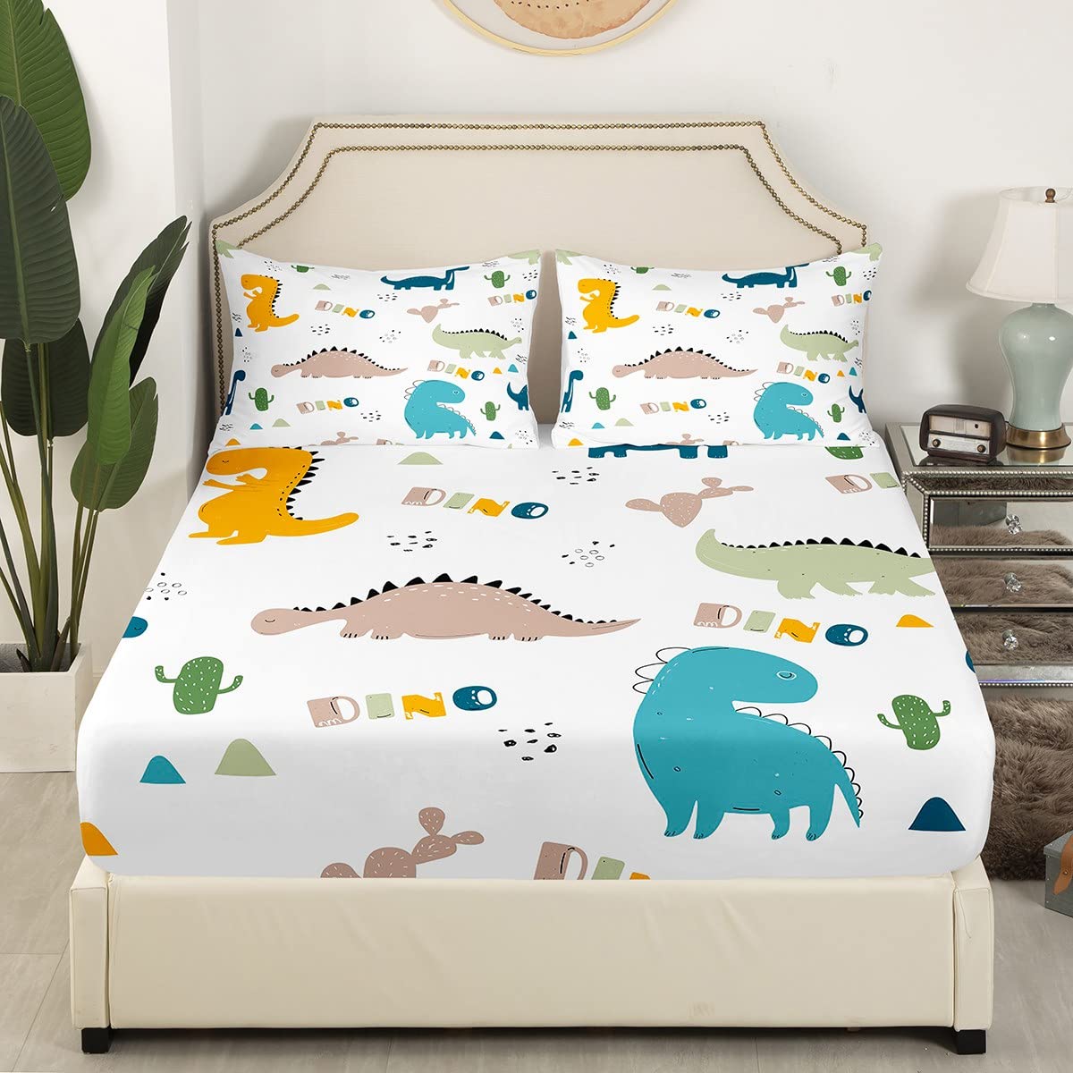 Cute Dinosaur Sheet Set Cartoon Cactus Bed Sheets Set Decor Jungle Dino Boho Succulent Sheets With Deep Pocket Fitted Sheet Wild Animal Pattern Yellow Grey Bedding Set Bedroom Quilt Cover 4Pcs Full