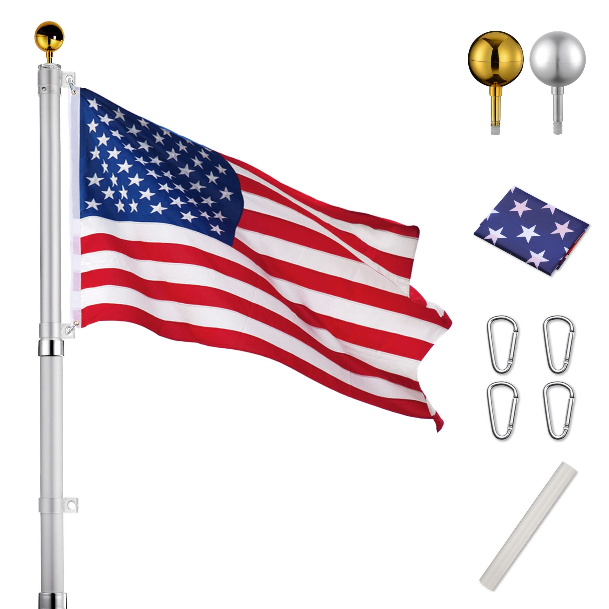 Yescom 30 Ft Telescopic Flag Pole Kit Fly 2 Flags 16 Gauge Aluminum Flagpole 3'X5' Us Flag & Ball For Yard Outdoor Garden