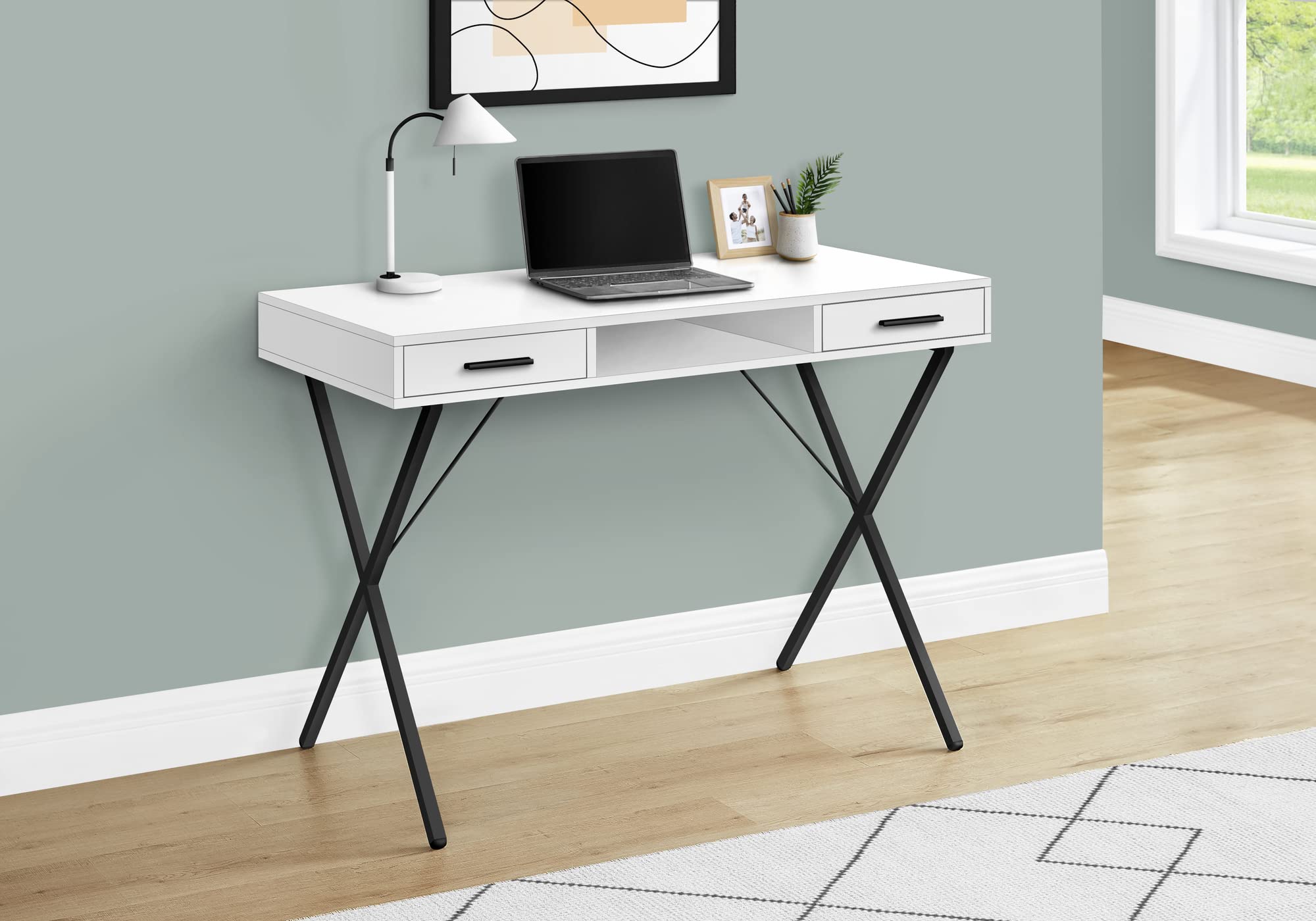 Monarch Specialties 7790 Computer Desk, Home Office, Laptop, Left, Right Set-up, Storage Drawers, Work, Metal, Laminate, White, Black, Contemporary Desk-42, 42&quot; L x 20&quot; W x 30&quot; H