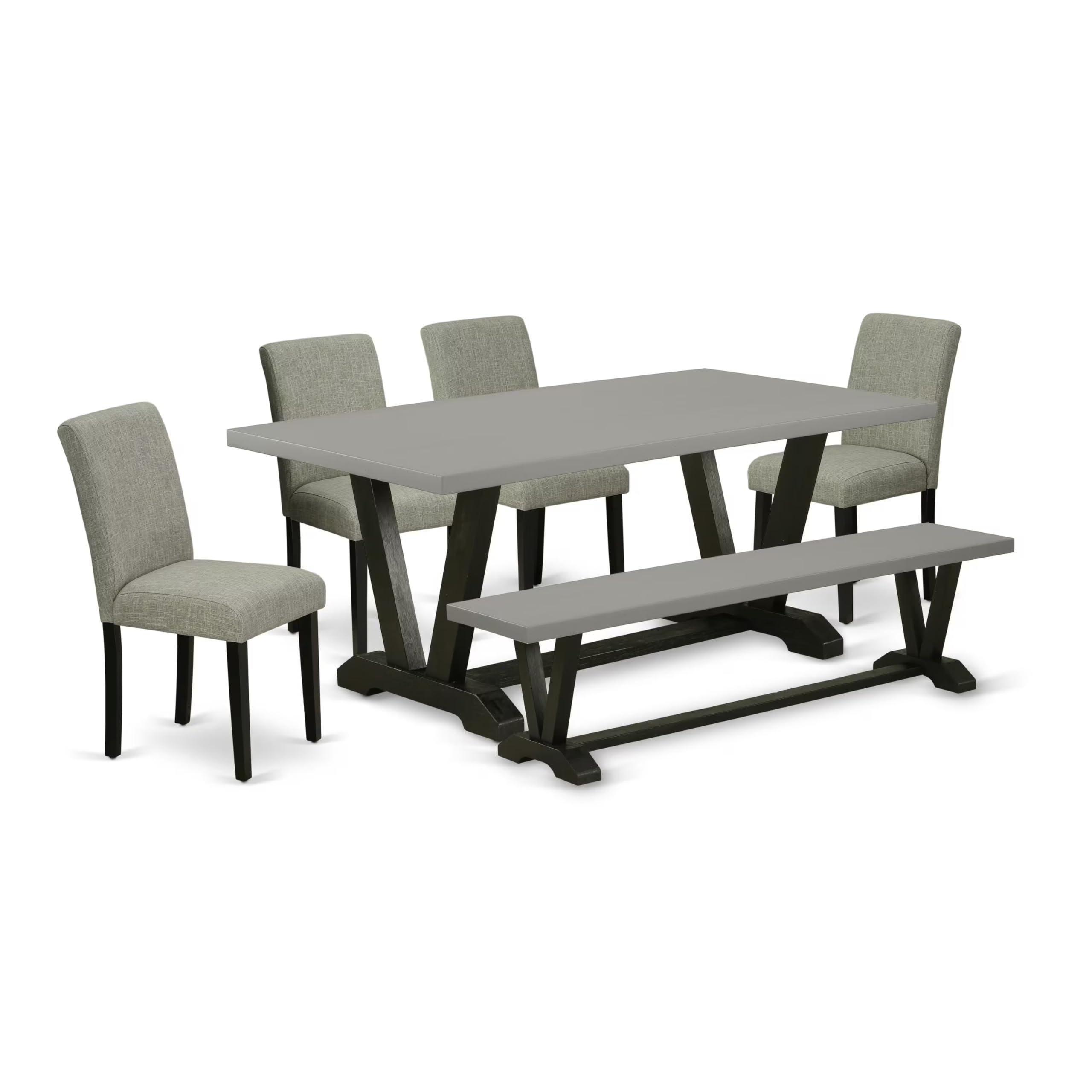 East West Furniture V697Ab106-6 6 Piece Dinette Set Contains A Rectangle Dining Room Table With V-Legs And 4 Shitake Linen Fabric Upholstered Chairs With A Bench, 40X72 Inch, Multi-Color
