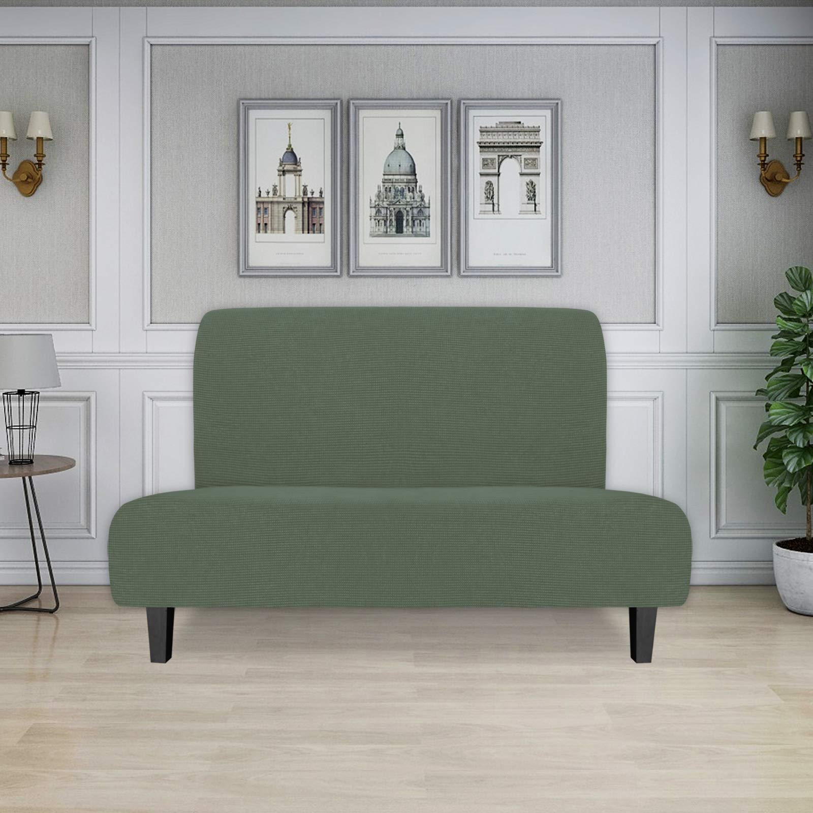 Easy-Going Stretch Futon Slipcover Armless Futon Bed Cover Furniture Protector Without Armrests With Elastic Bottom For Kids, Soft Jacquard Fabric Small Checks (Medium, Greyish Green)