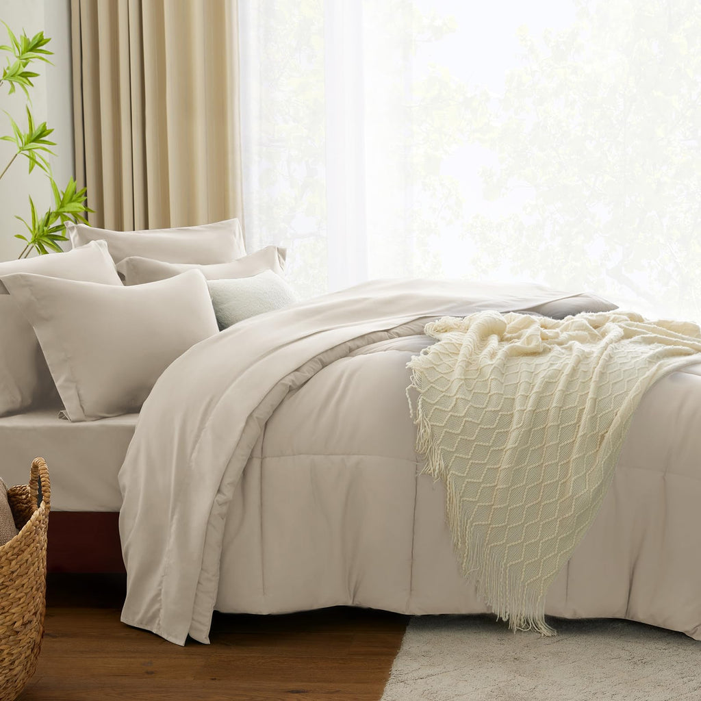 Cozylux Beige Comforter Set Full 7 Pieces Beige Bedding Set Cream Off White Bed In A Bag Set Full Box Stitch Bedding Sets With All Season Comforter, Flat Sheet, Fitted Sheet And Pillowcases & Shams