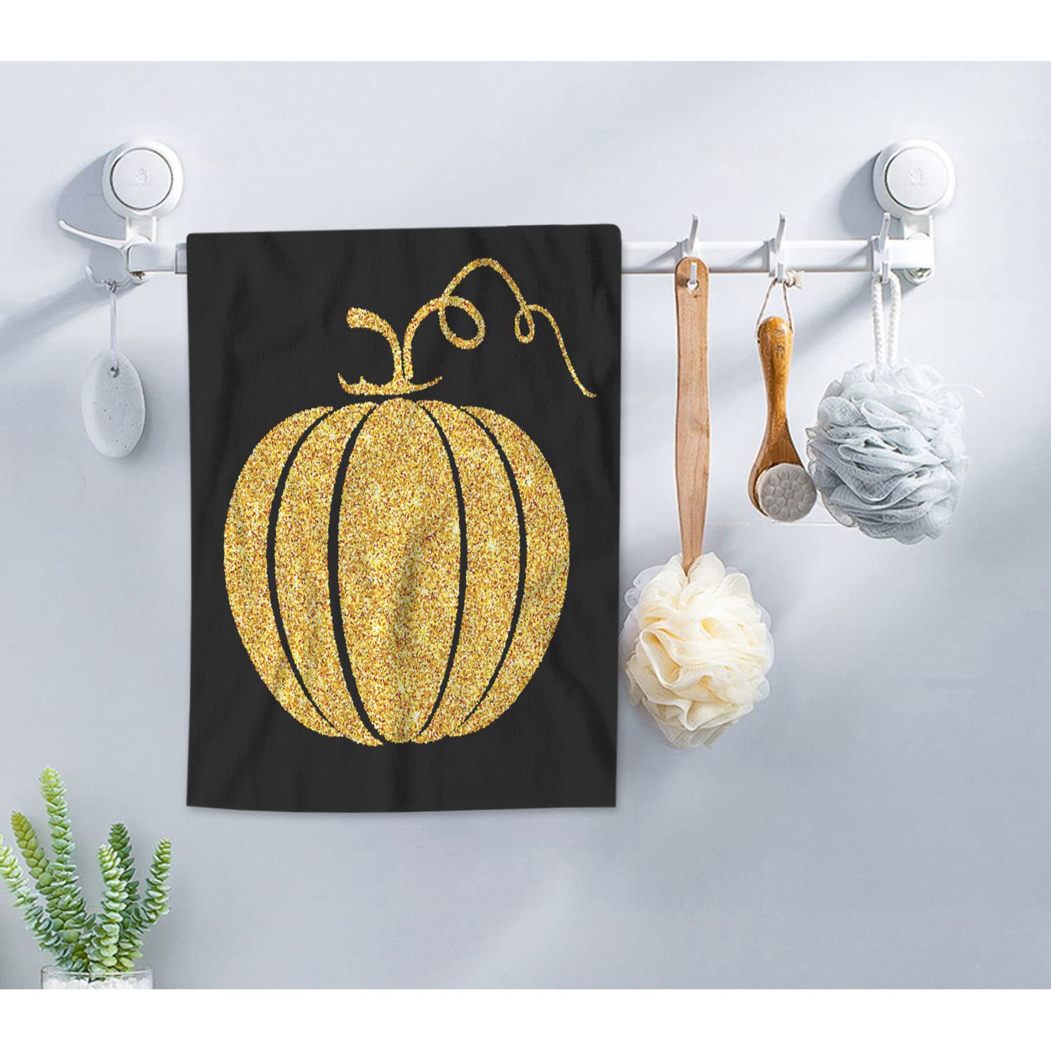 Aoyego Gold Glitter Pumpkin Bath Towel Thanksgiving Day Halloween Autumn Festival Beach Bath Towels Soft Microfiber Yoga/Golf/Sw