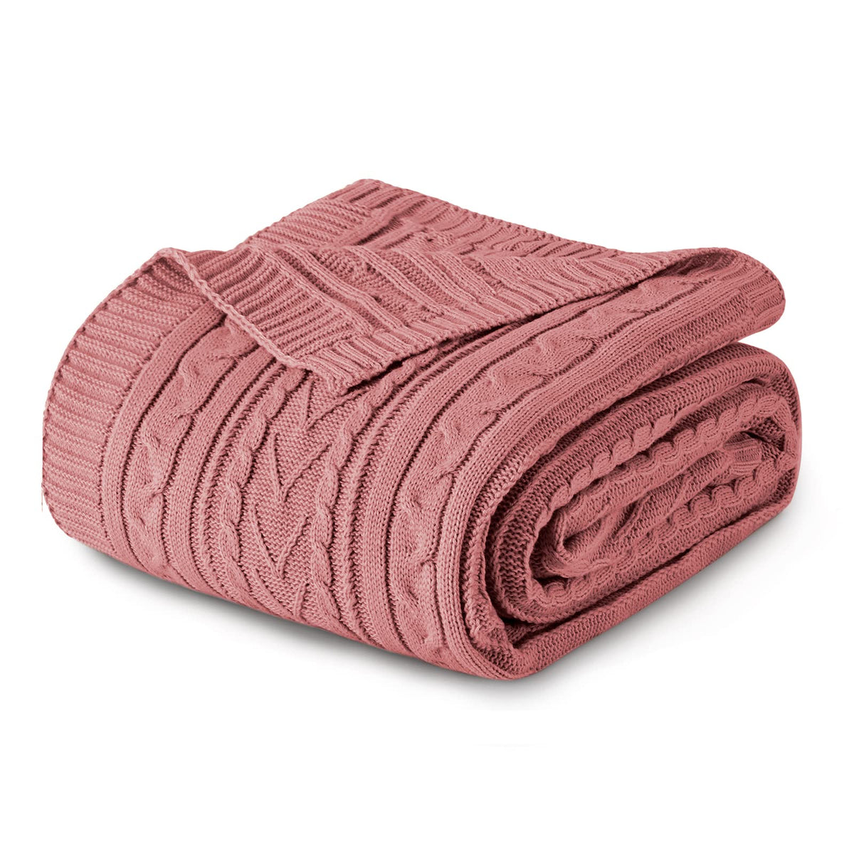 Aormenzy Dusty Pink Cable Knit Throw Blanket Queen Size For Bed Couch Sofa, Super Soft Cozy Knitted Blanket 90' X 90' Bed Blan