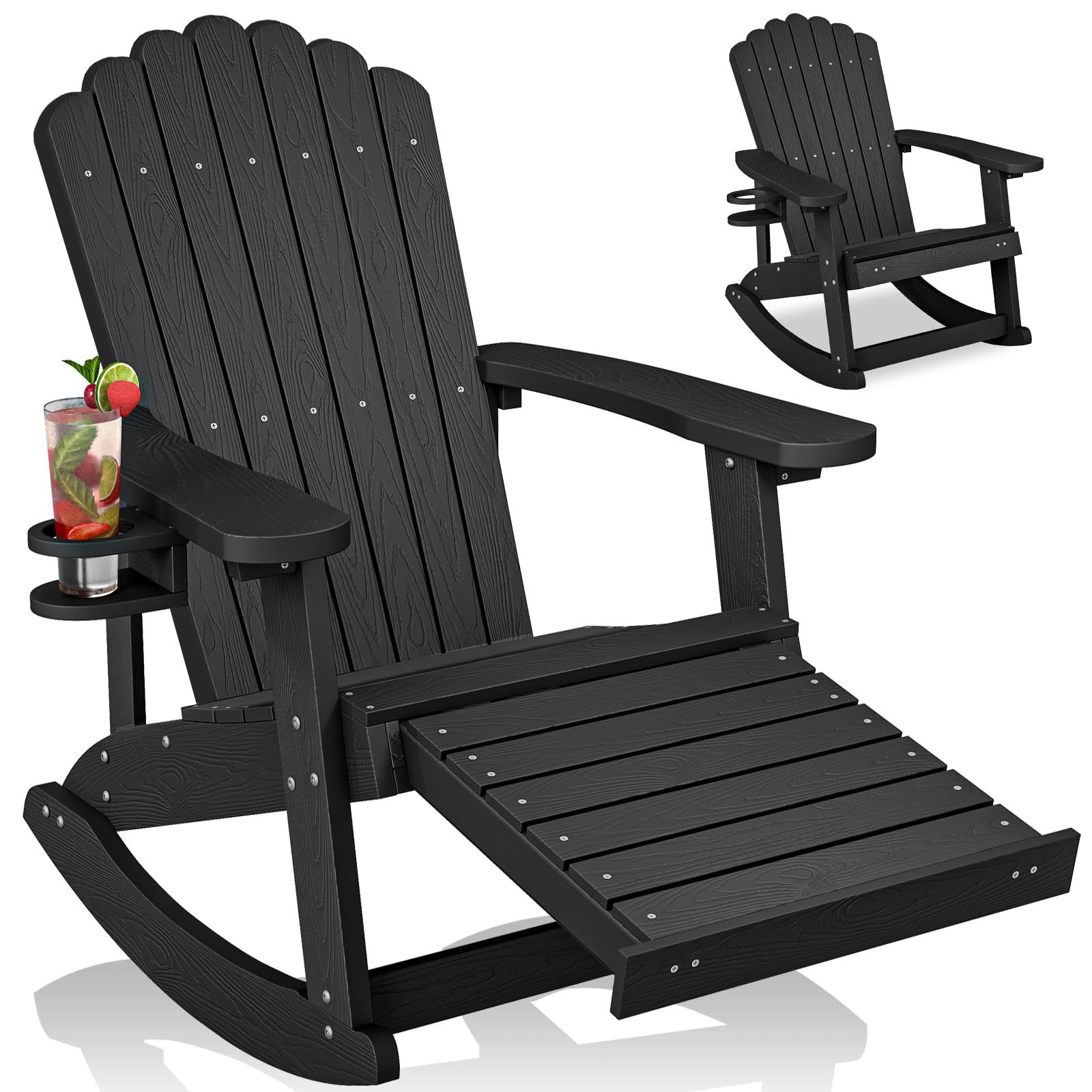 Zhusi Adirondack Rocking Chair Outdoor With Retractable Ottoman And Cup Holder, Hdpe Oversized Patio Rocking Chairs With Footres