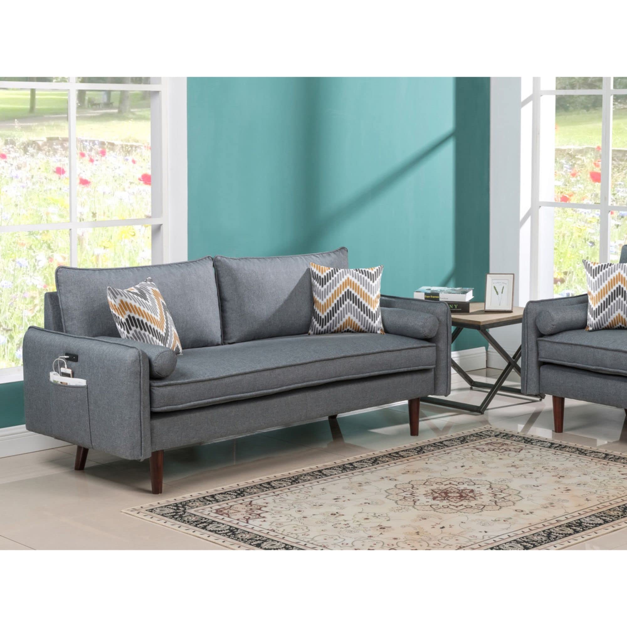 Lilola Home Mia Mid-Century Modern Gray Linen Sofa Couch with USB Charging Ports & Pillows
