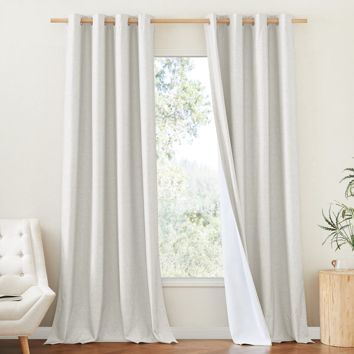 Nicetown 100% Absolutely Blackout Linen Curtains With Thermal Insulated White Liner, Natural, W52, 2 Pieces, Noise Reducing Text
