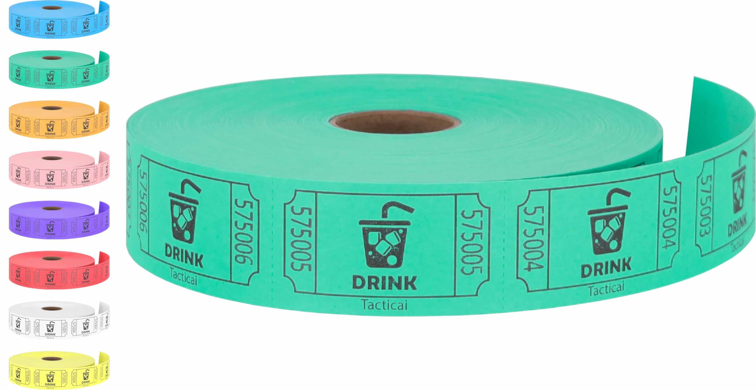 Tacticai 1000 Raffle Tickets, Drink, Green (8 Color Selection), Single Roll For Events, Entry, Class Reward, Fundraiser & Prizes