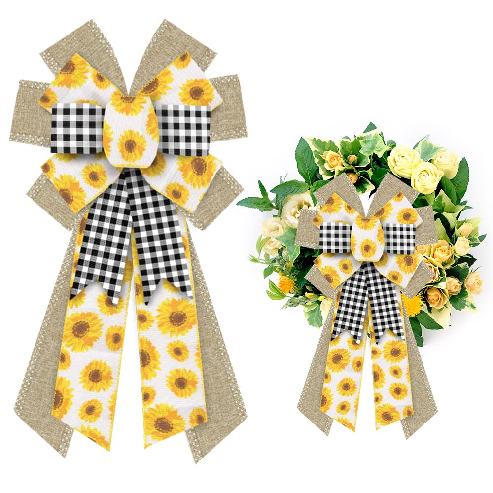 Large Spring Wreath Bows Spring Sunflowers White Black Plaid Burlap Bows for Wreaths, Brown Linen Ribbon Bows Tree Topper Bows f