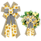 Large Spring Wreath Bows Spring Sunflowers White Black Plaid Burlap Bows for Wreaths, Brown Linen Ribbon Bows Tree Topper Bows f