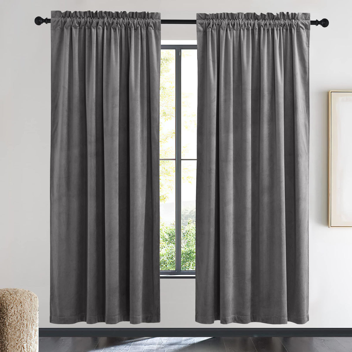 Nicetown Grey Velvet Curtains 72 Inches, Sound Reducing Heavy Matt Solid Rod Pocket Room Darkening Drapes/Panels For Living Room