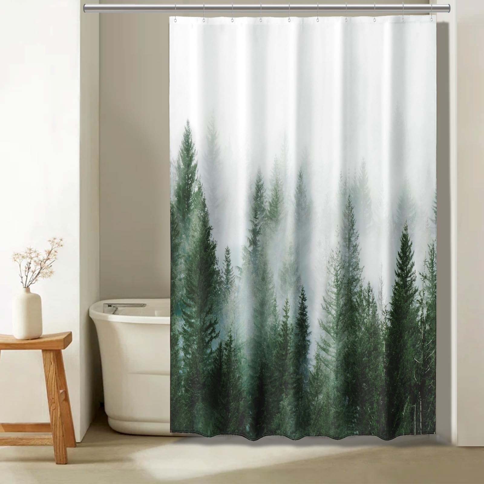 ORTIGIA 60x72 Misty Forest Stall Shower Curtain for Small Bathroom, Green Narrow Nature Woodland Shower Curtain Set with Hooks, 