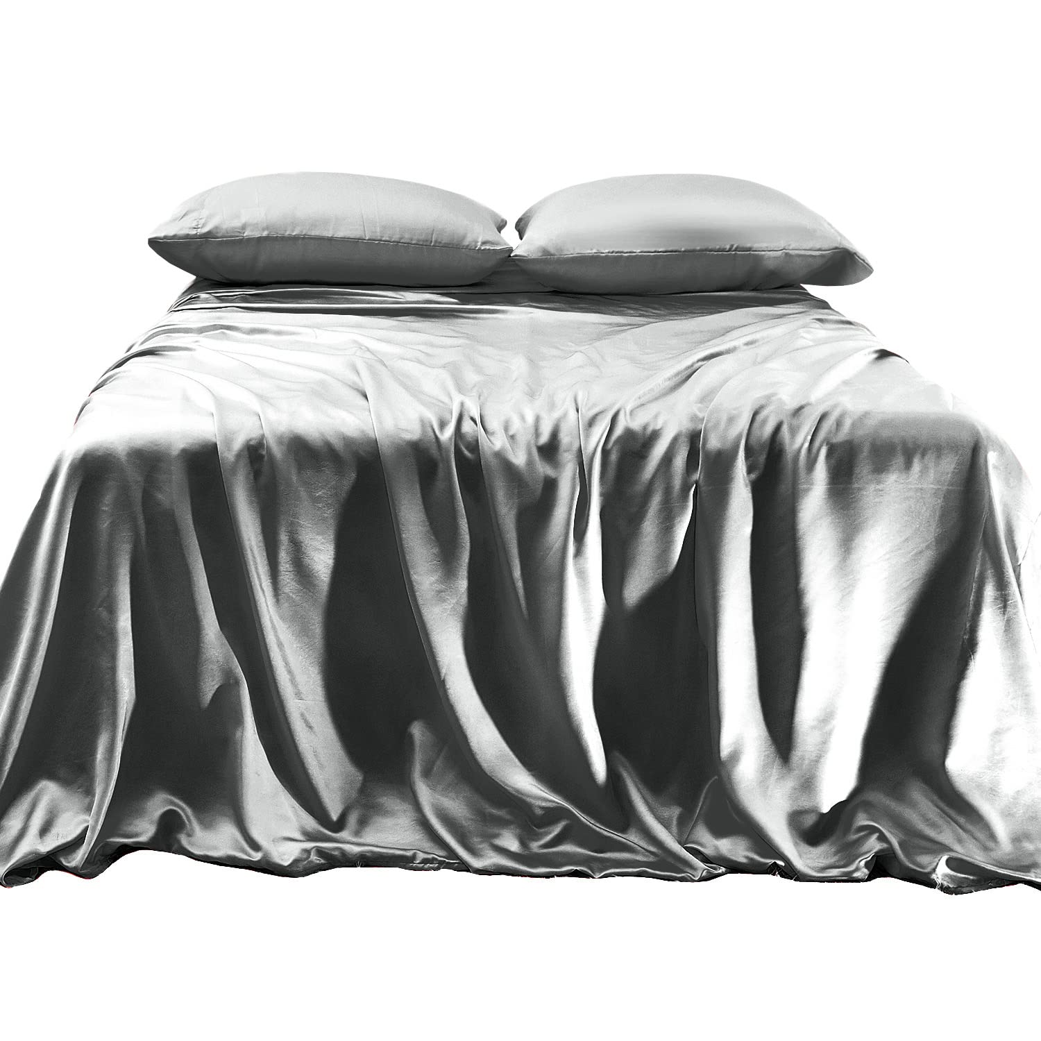 Elegant Comfort Luxurious 4-Piece Silky Satin Sheet Set, Skin And Hair Friendly, Wrinkle, Fade, Stain Resistant With Deep Pockets Fitted Sheet, Cooling Soft Satin Sheet Set, Cali King, Gray