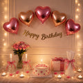 Revaya Rose & Pink Birthday Decoration Kit With Led String Light, 5 Heart Foil Balloons, Golden Happy Birthday Banner, Glue Dots