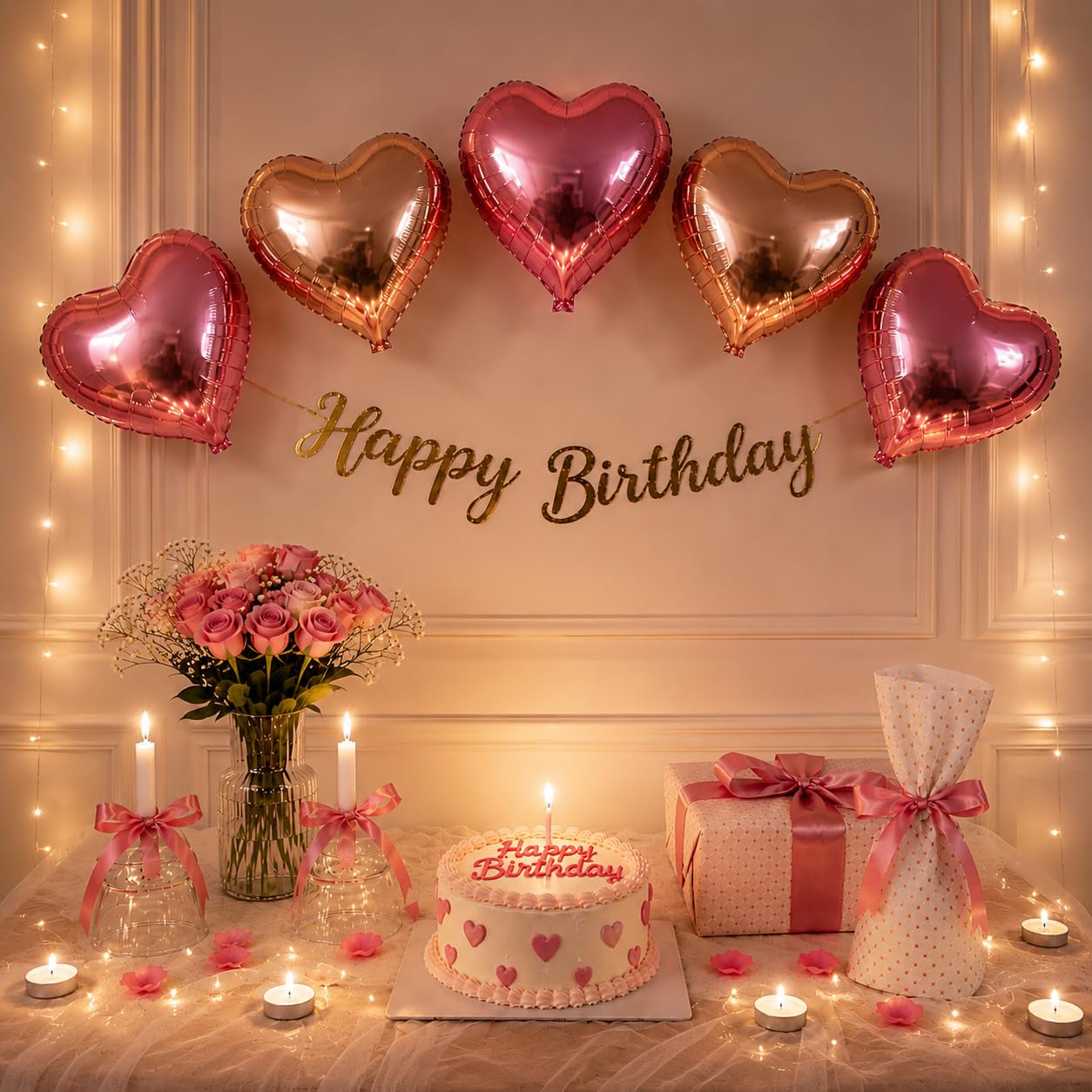 Revaya Rose & Pink Birthday Decoration Kit With Led String Light, 5 Heart Foil Balloons, Golden Happy Birthday Banner, Glue Dots