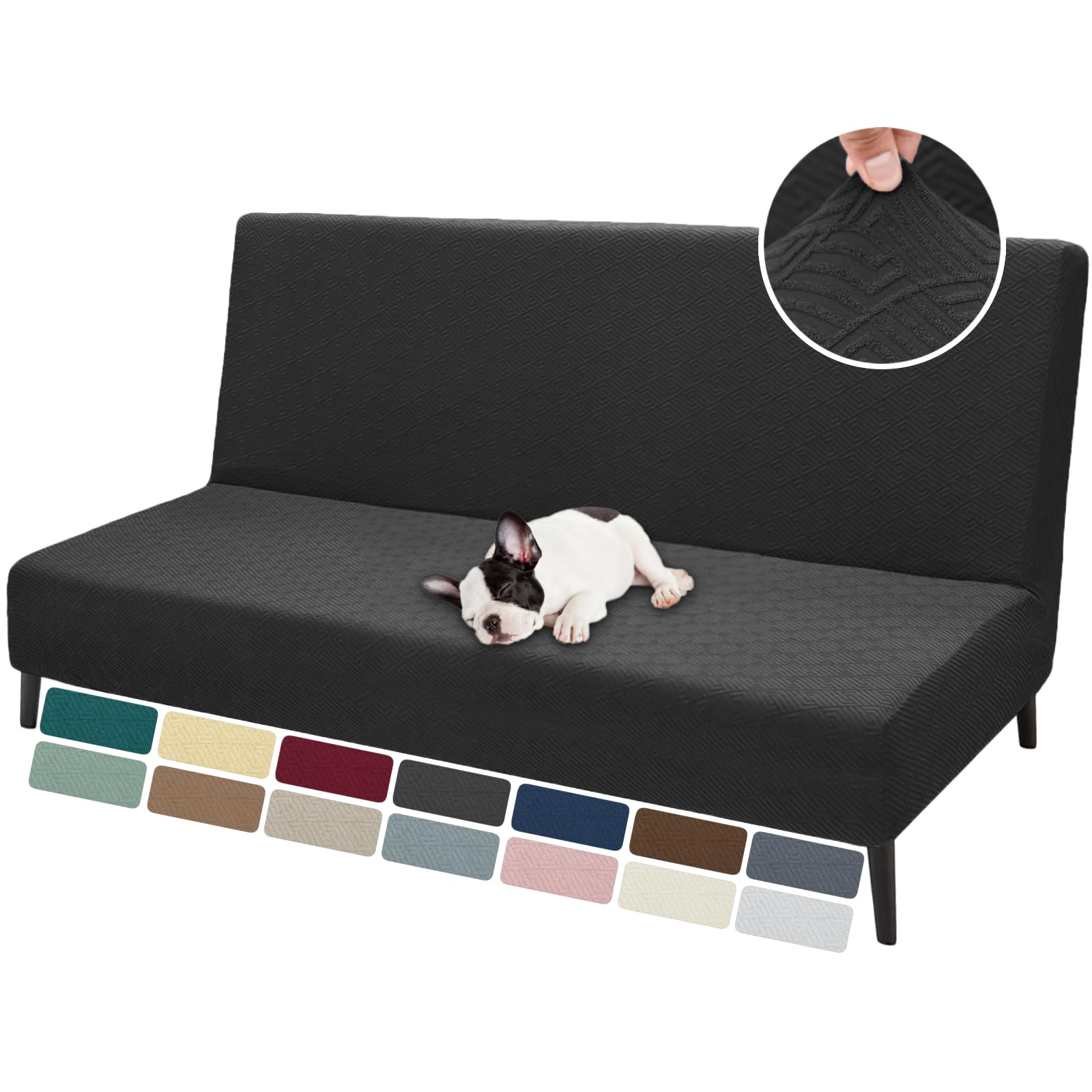 Znsayotx Armless Futon Covers Full Size (67'-82') Stretch Jacquard Sofa Bed Slipcovers, Striped Queen Futon Cover With Non-Slip Elastic Bottom, Soft Cozy Futon Mattress Cover Washable (Black)