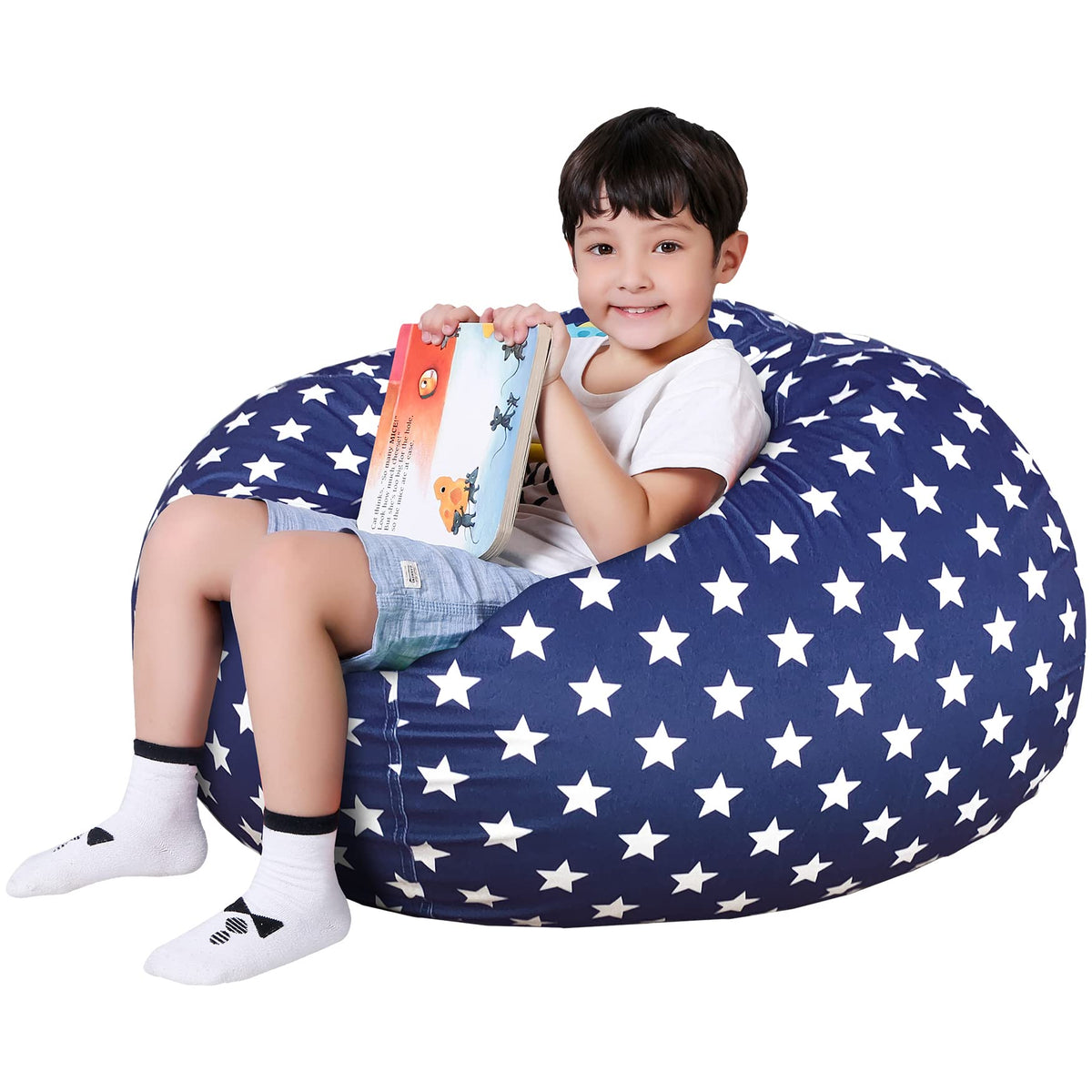 Lukeight Stuffed Animal Storage Bean Bag Chair For Kids, Zipper Storage Bean Bag For Organizing Stuffed Animals, Stars Bean Bag Chair Cover, (No Beans) Large
