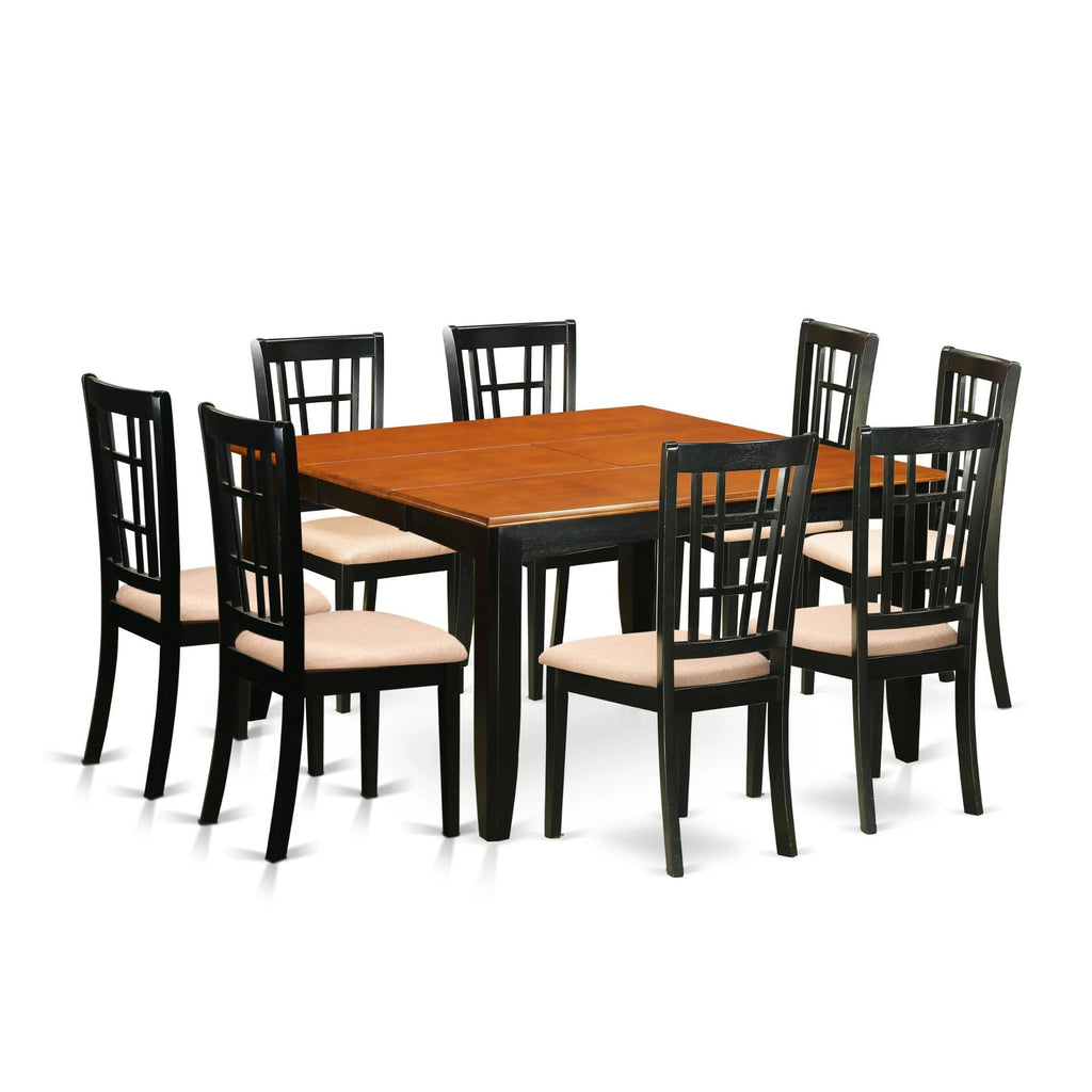 East West Furniture PFNI9-BCH-C 9 Piece Dining Table Set Includes a Square Dining Room Table with Butterfly Leaf and 8 Linen Fabric Upholstered Chairs, 54x54 Inch, Black & Cherry