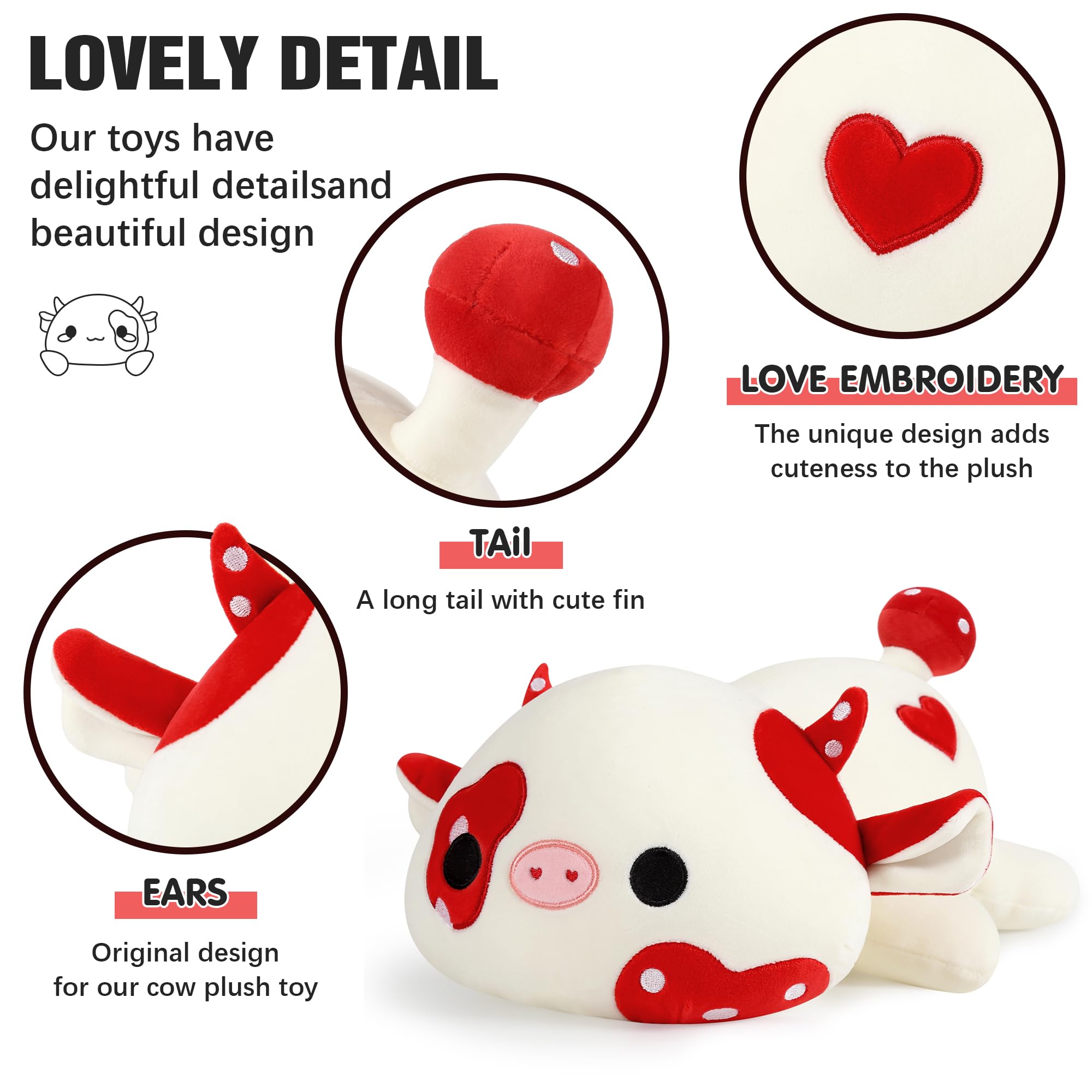 Onsoyours Cute Cow Plushie, Soft Stuffed Mushroom Cow Squishy Plush Animal Toy Pillow For Kids (Red Mushroom Cow, 9')