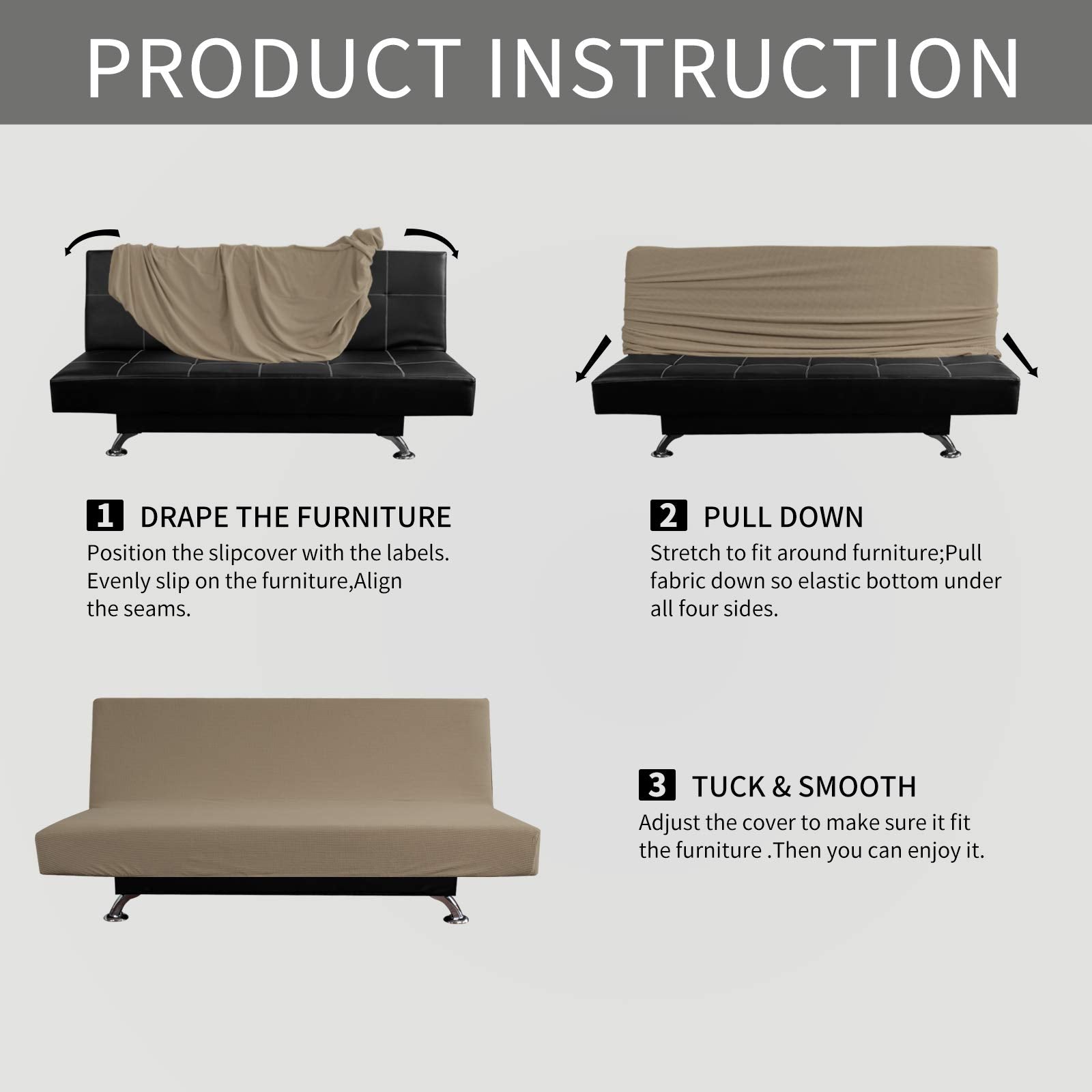 Easy-Going Stretch Futon Slipcover Armless Futon Bed Cover Furniture Protector Without Armrests With Elastic Bottom For Kids, Soft Jacquard Fabric Small Checks (Large, Natural)