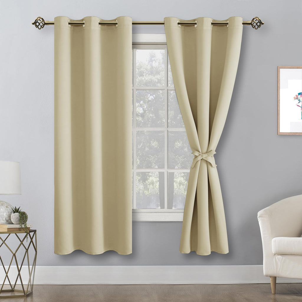 Hiasan Room Darkening Window Curtain Panels, Light Blocking, Noise Reducing Blackout Curtains, Tiebacks Included, Set Of 2, Grommet Top (Light Beige, Width 38 Inch X Length 72 Inch)