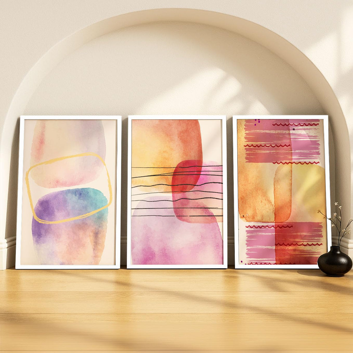 SoulAbiti Pastel Abstract Forms set of 3 Framed Wall Print 12x18 inch White Frame PlexiGlass Abstract Art ready to hang for liv