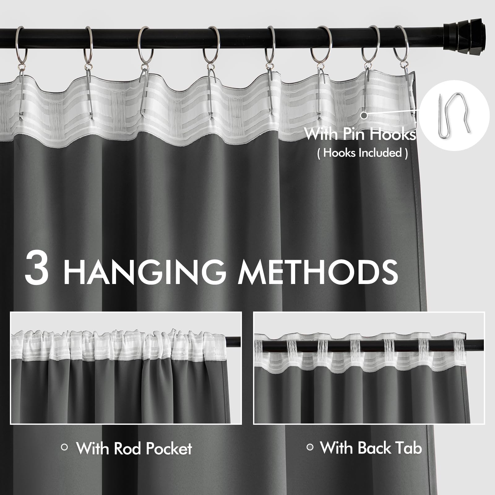 Miulee Back Tab Grey Blackout Curtains 108 Inch Long 2 Panels Set For Living Room Bedroom Privacy, Rod Pocket/Pinch Pleated Extra Long Thermal Insulated Room Darkening Light Blocking Curtains/Drapes