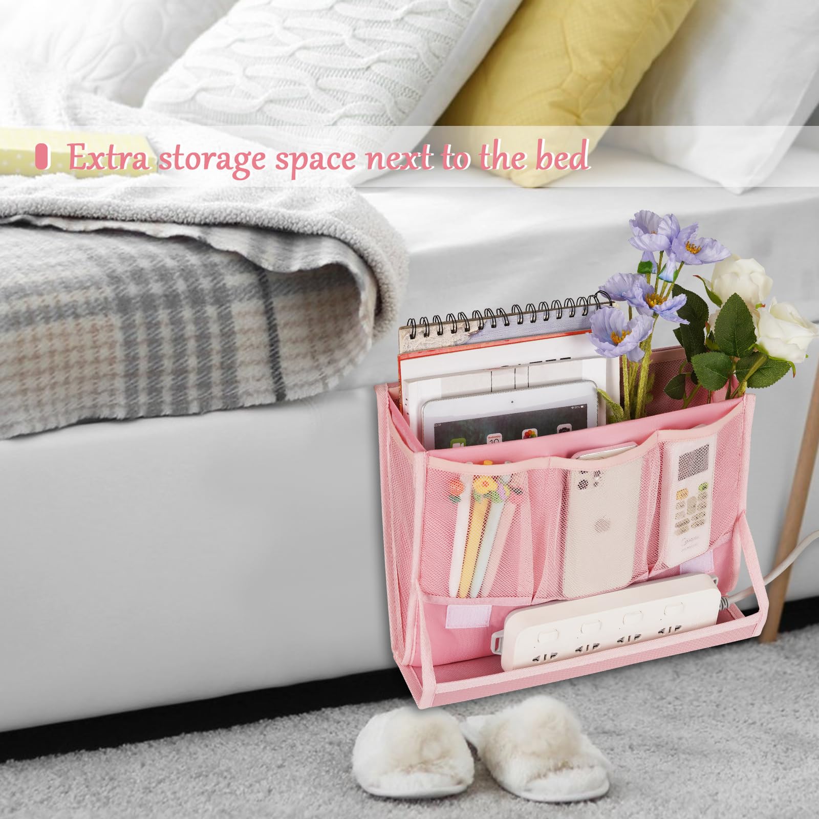 Retyion Bedside Caddy Bedside Storage Organizer Bedside Organizer With Power Strip Holder And 2 Adjustable Straps For Home Bunk