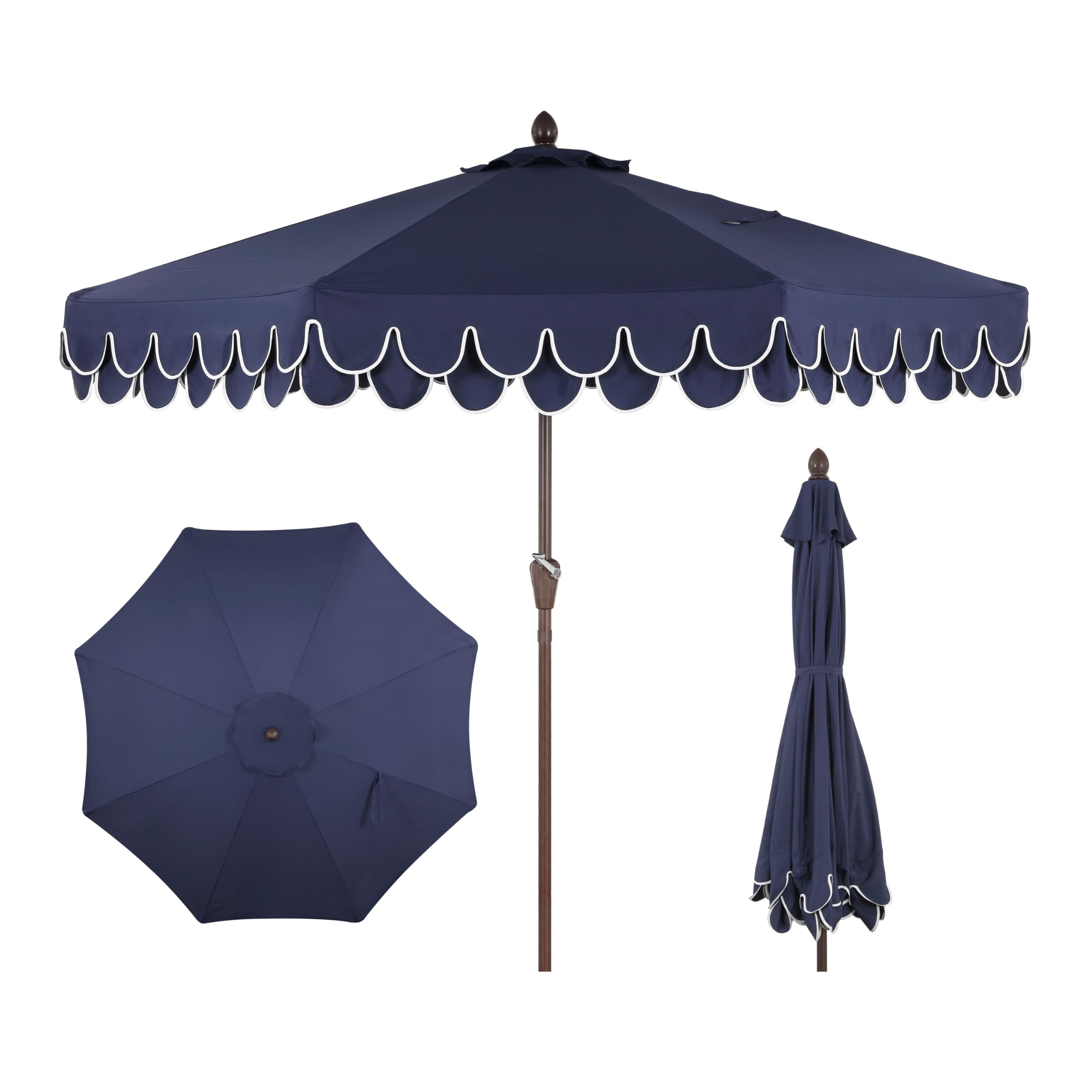 JONATHAN Y UMB1002B Tracy 9 ft. Classic MidCentury Scalloped Fringe Market Patio Umbrella with Auto-Tilt, Crank, Wind Vent and U
