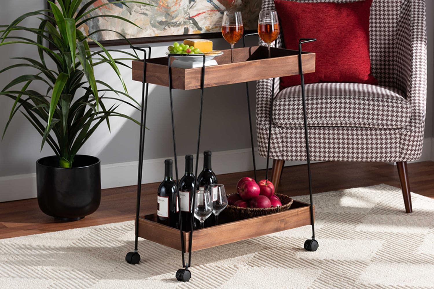 Baxton Studio Reynard Modern and Industrial Walnut Brown Finished Wood and Black Metal 2-Tier Wine Cart