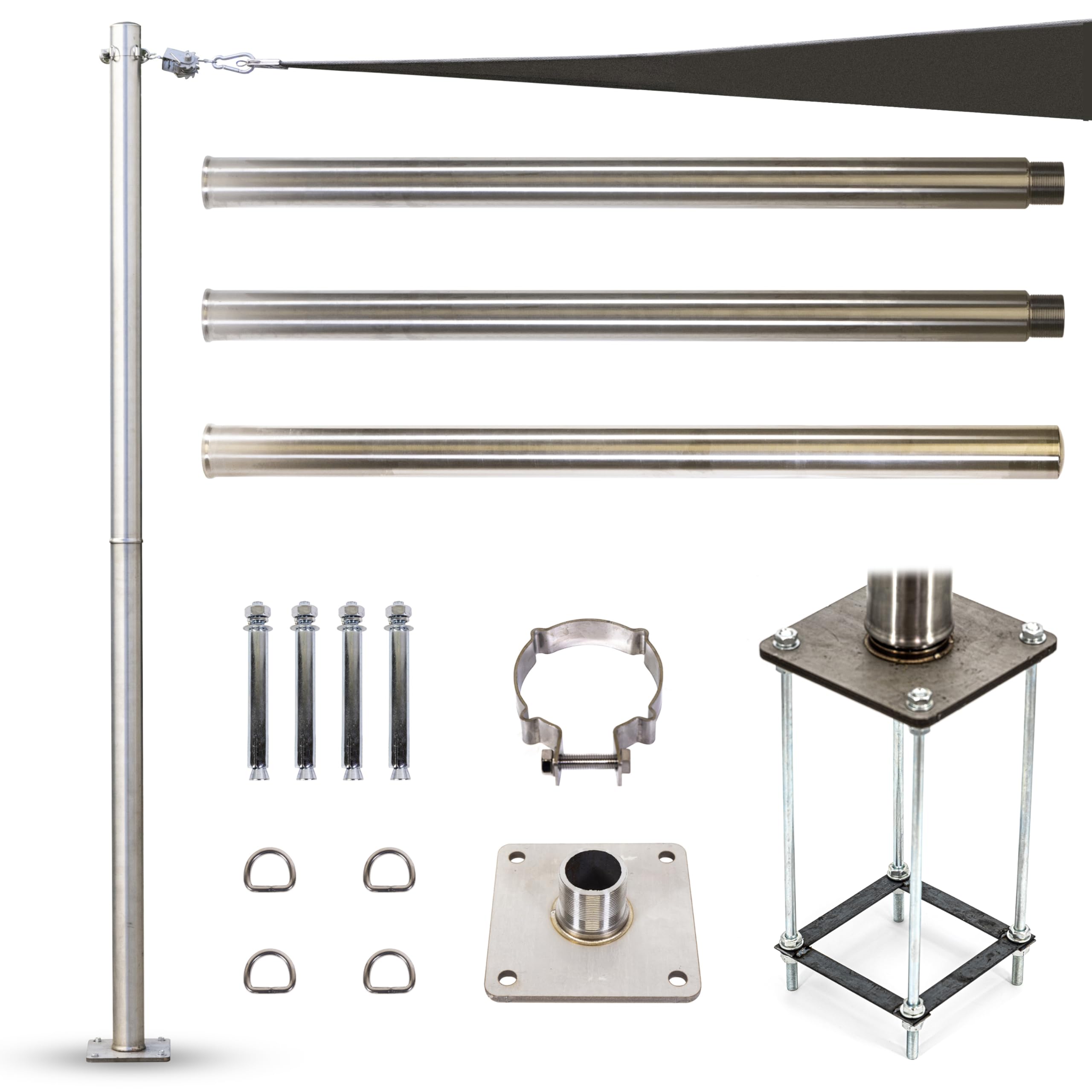 Shademart 12Ft Stainless Steel Pole With Reinforced Base Frame, Base Plate & Height - Adjustable Mounting Clamp - Easy Installat