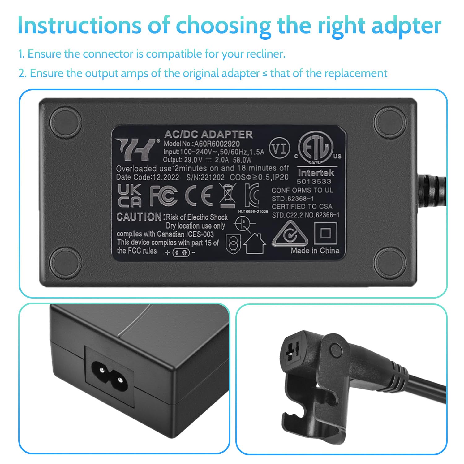 Power Recliner Power Supply, Sopito Universal Ac/Dc Adapter Kit 100-240V -With Extension Cord, 29V 2A Transformer 2-Pin Connector, Replacement Part For Lazy Boy, Limoss, Okin
