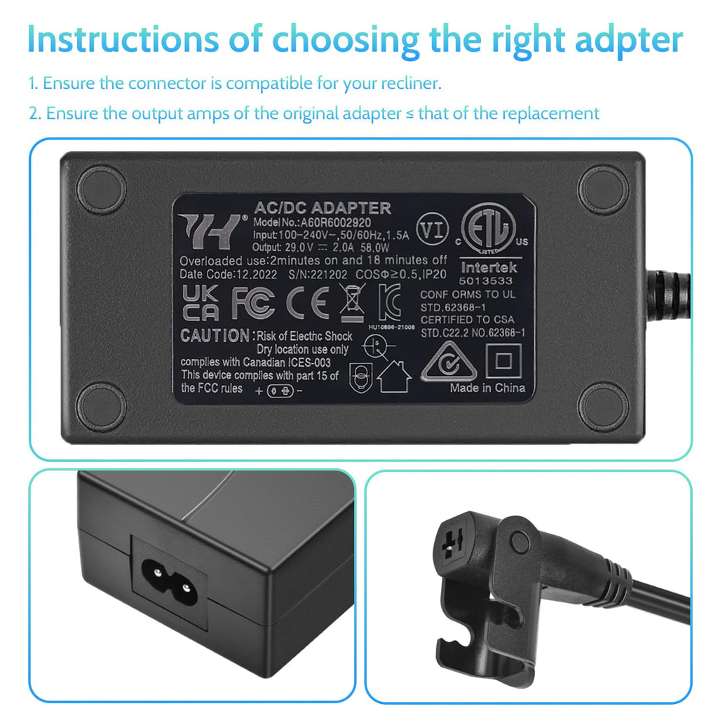 Power Recliner Power Supply, Sopito Universal Ac/Dc Adapter Kit 100-240V -With Extension Cord, 29V 2A Transformer 2-Pin Connector, Replacement Part For Lazy Boy, Limoss, Okin