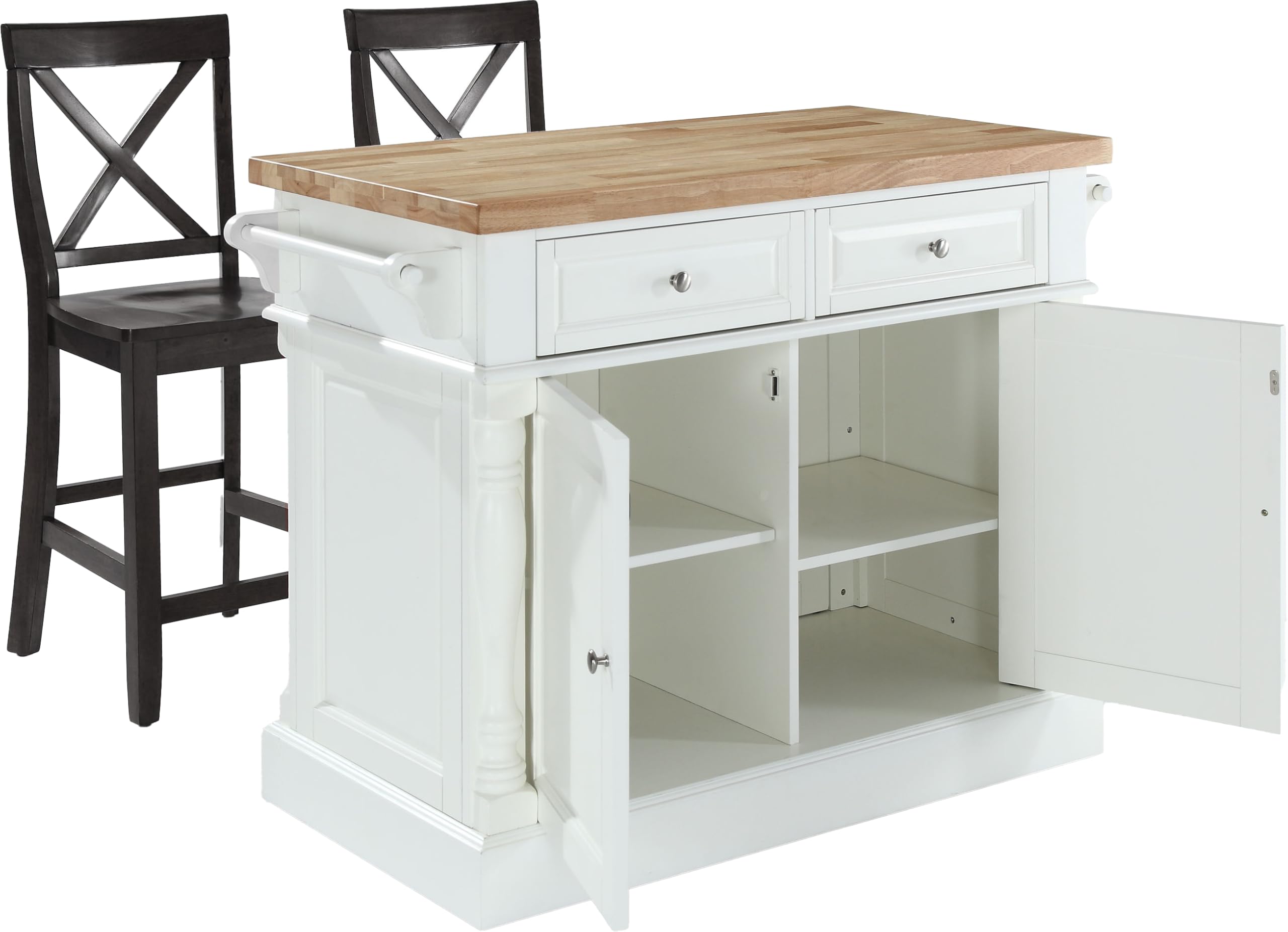 Crosley Furniture Oxford Butcher Block Kitchen Island, Coffee Bar, with a Set of 2 X-Back Stools, White