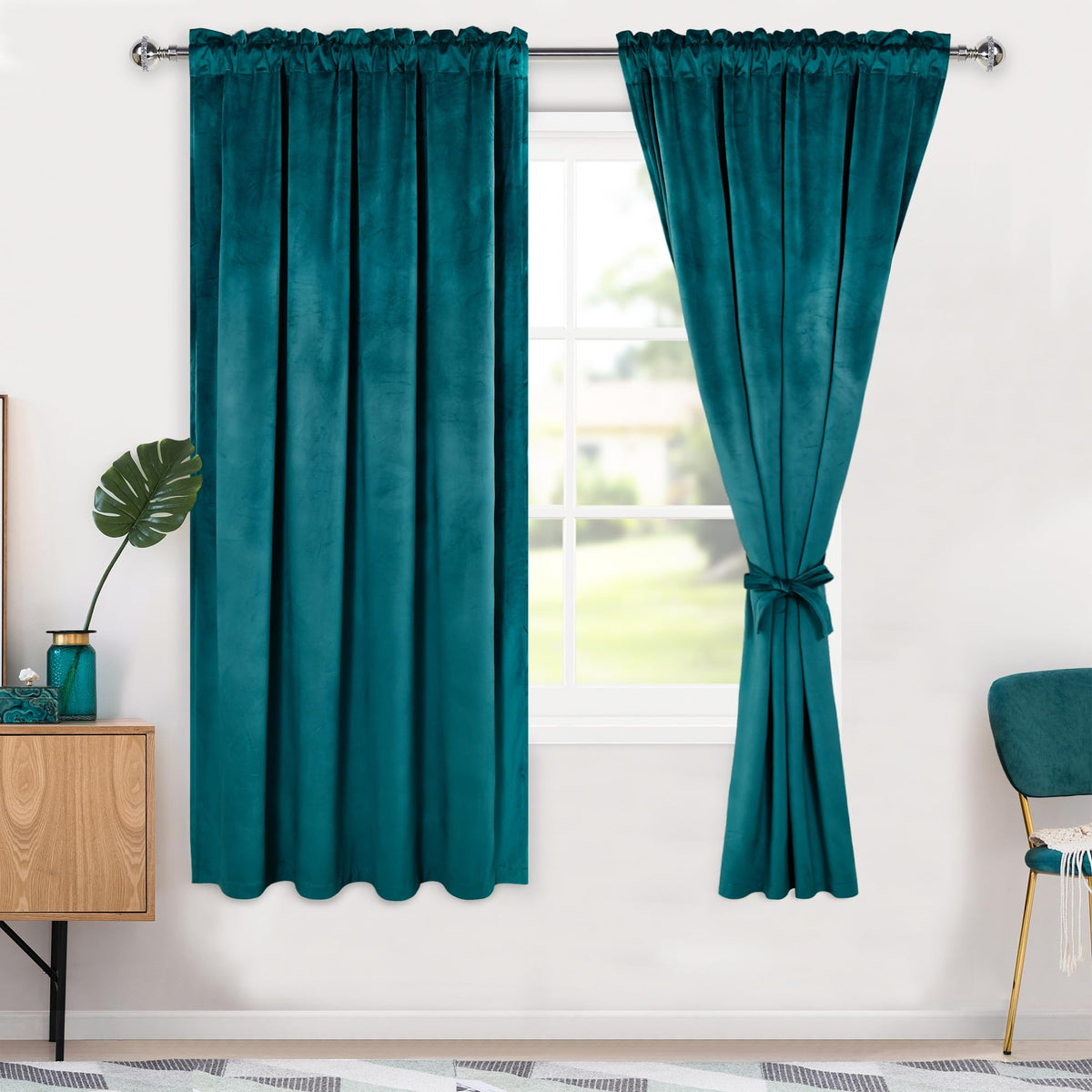 Hiasan Teal Velvet Curtains 63 Inch Blackout Rod Pocket Thermal Insulated Soft Curtains Room Darkening Window Drapes With Tiebac