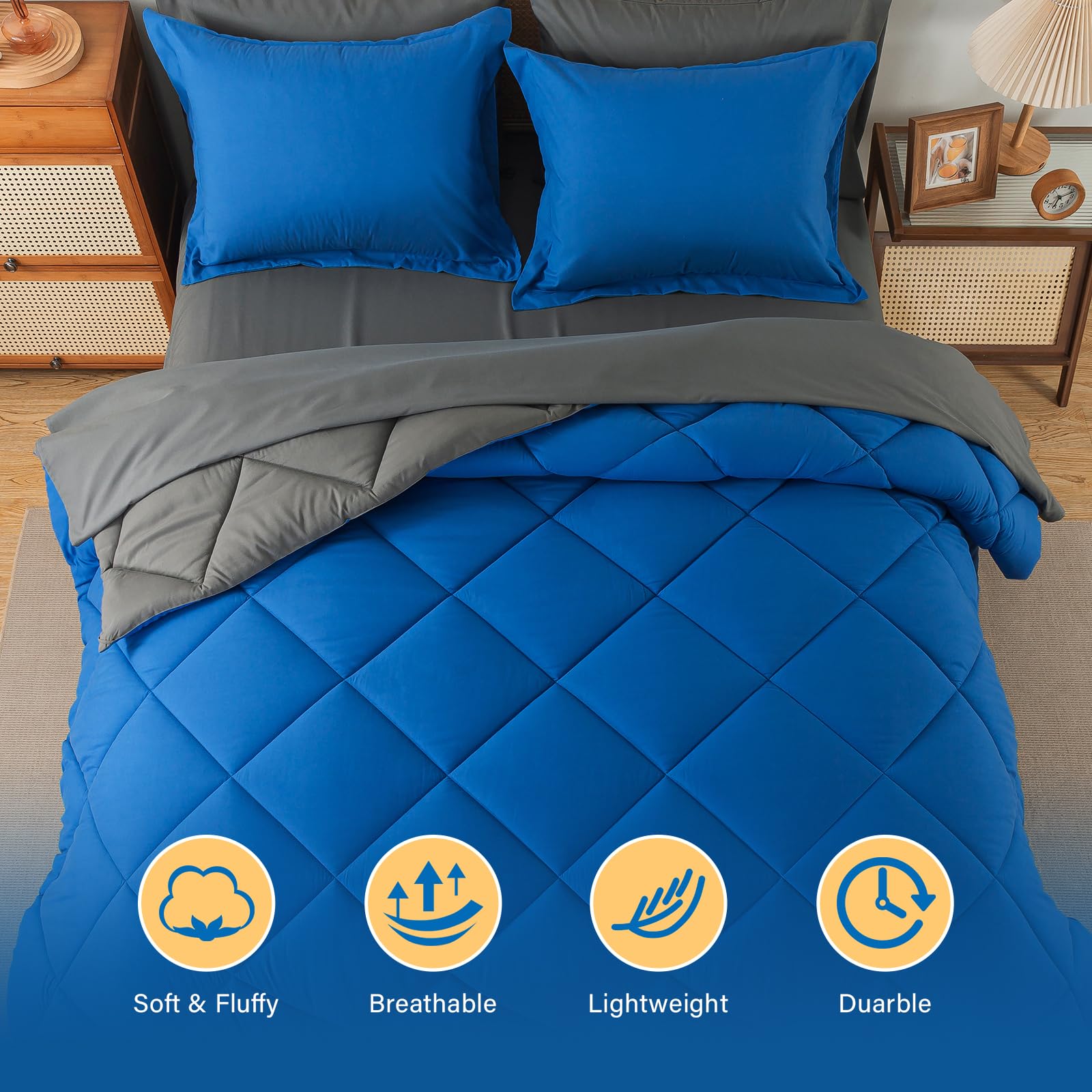Cosybay Bed In A Bag Full Comforter Sets 7Pcs All Season Solid Down Alternative Bedding Sets Blue And Grey With Comforter, Pillo
