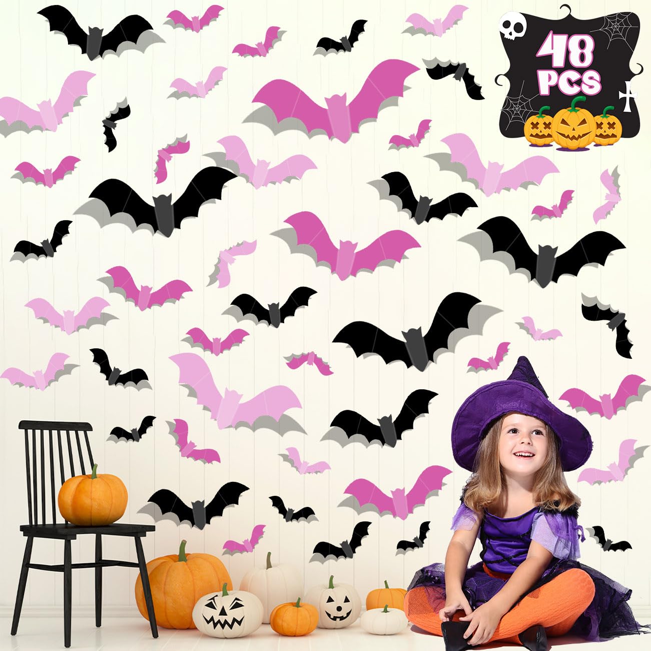 Pink Bats For Wall Halloween 3D Bats Blush And Black Diy Wall Decal Bathroom Indoor Cute Halloween Party Decorations, Pastel Hal