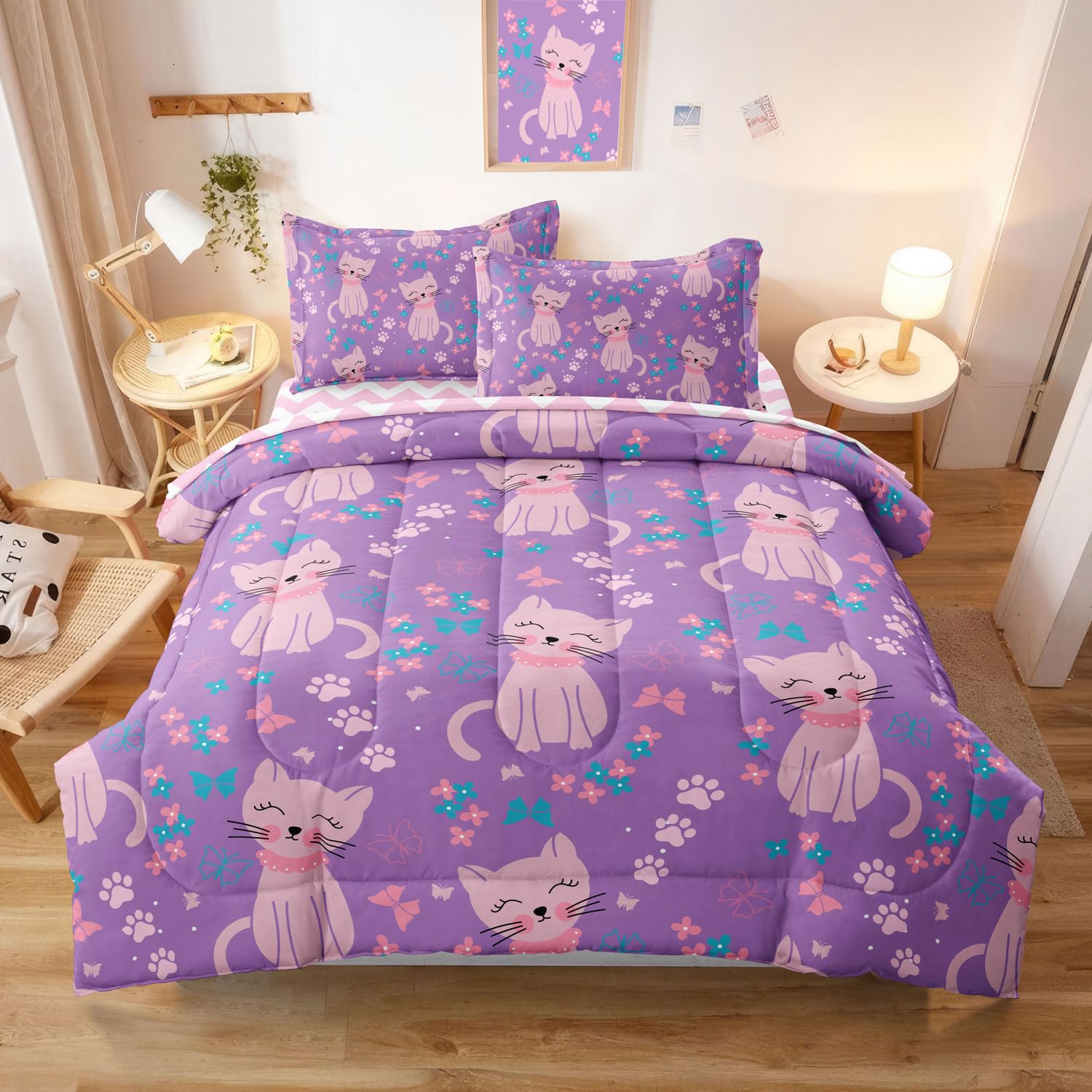 Sirdo 5 Piece Girls Cat Comforter Set Full Size Bed In A Bag Pink Cute Cartoon Cats Bedding Set For Kids Teens (1 Comforter, 1 F