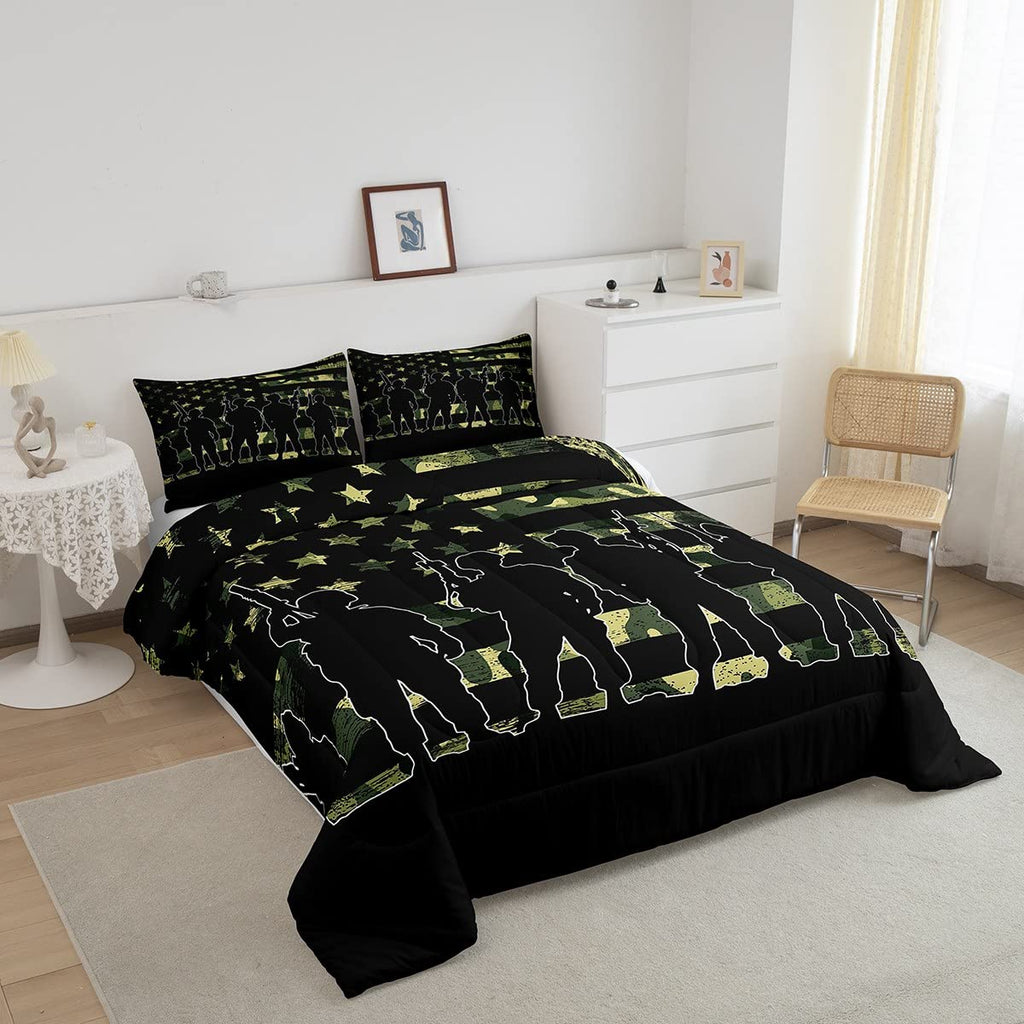 American Flag Comforter Set Twin For Boy Teen Armygreen Camouflage Down Comforter Adult Men Soldier Silhouettes Quilted Duvet Mi