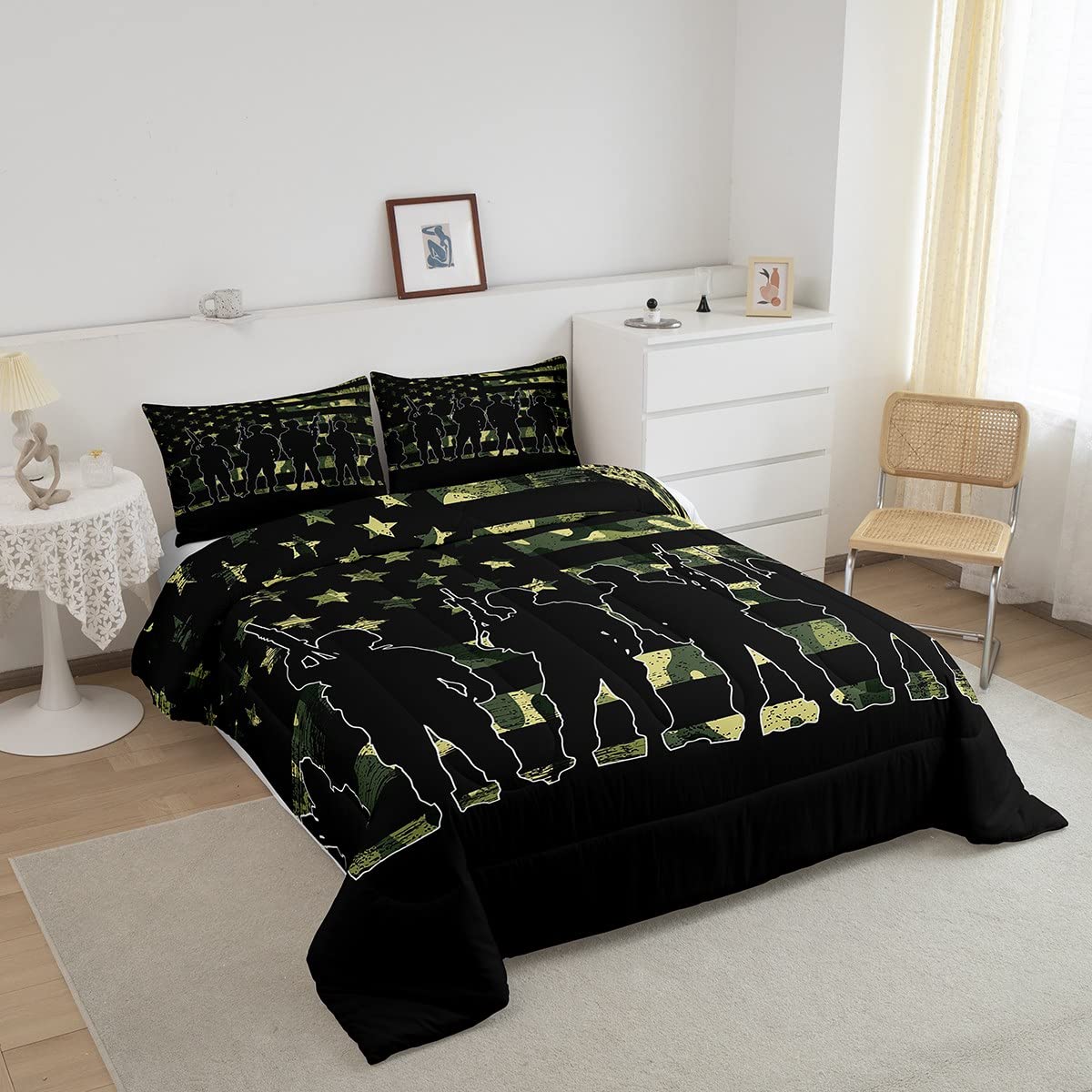 American Flag Comforter Set Twin For Boy Teen Armygreen Camouflage Down Comforter Adult Men Soldier Silhouettes Quilted Duvet Mi
