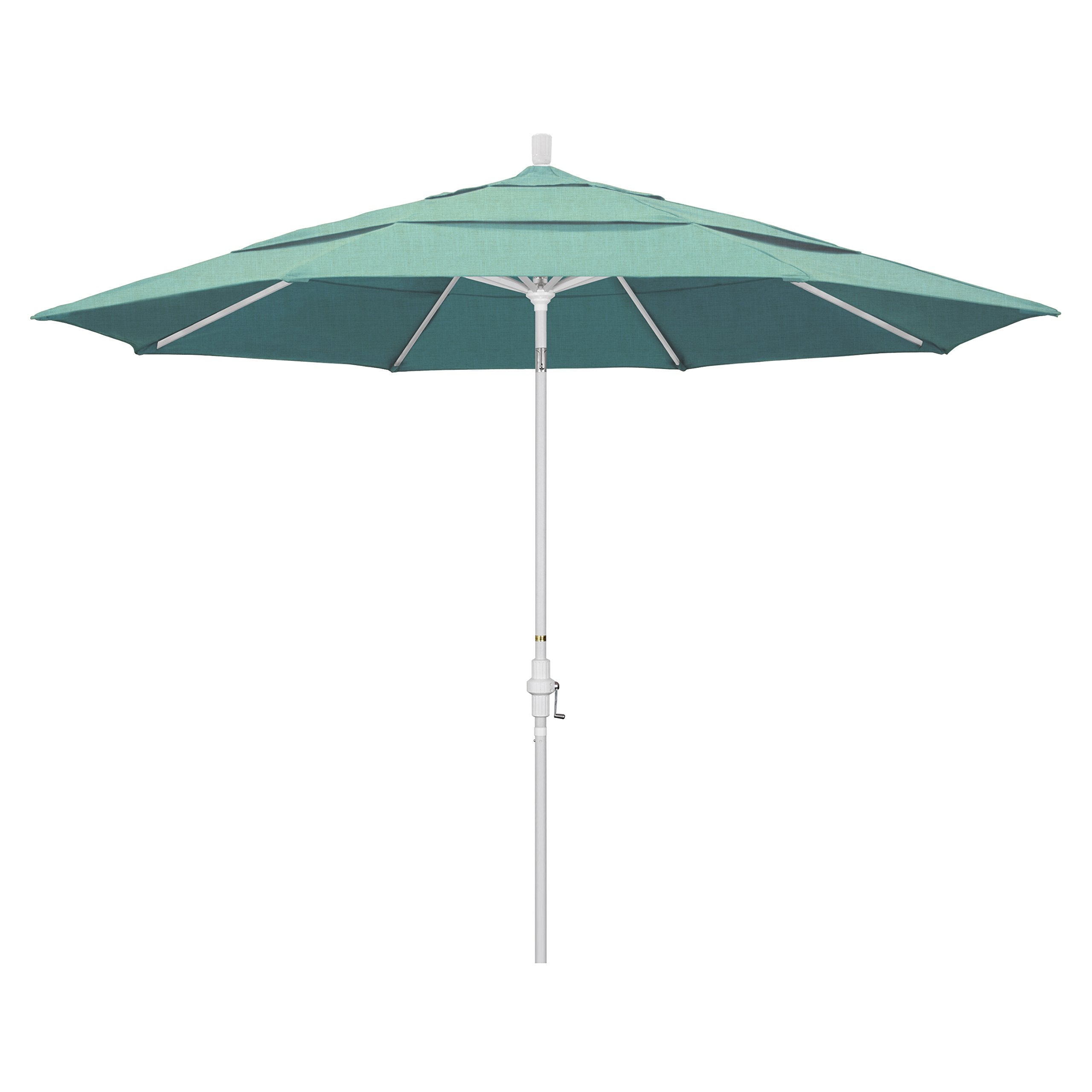 California Umbrella 11' Round Aluminum Market Umbrella, Crank Lift, Collar Tilt, White Pole, Sunbrella Spectrum Mist