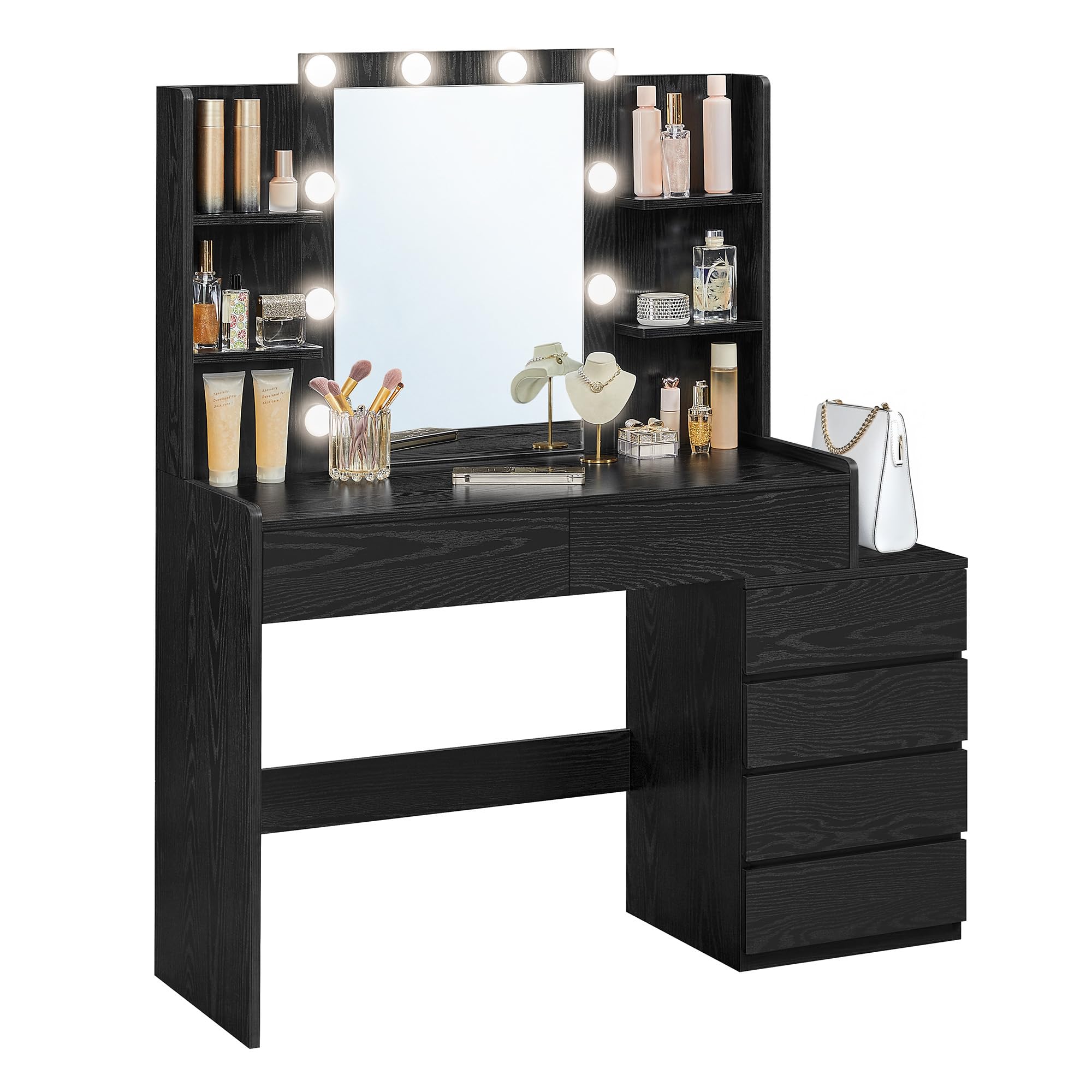 VASAGLE Vanity Desk with Mirror and LED Lights, Makeup Vanity with 6 Drawers, Vanity Table with 4 Open Shelves, 10 Dimmable LED 